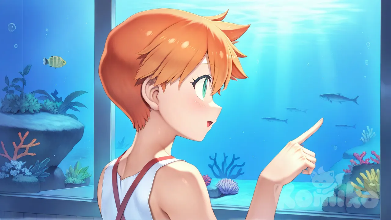 misty (pokemon), admiring fish in an aquarium, mogudan, back, excited, pointing a fish