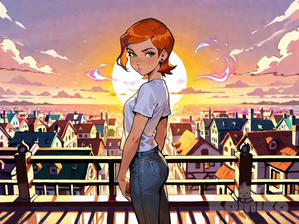 Gwen Tennyson, Ben 10 classic, standing on the rooftop of the Tennyson house at sunset, wearing a white t-shirt and jeans, hair blowing in the wind, looking at the horizon with a dreamy and determined expression, subtle magical energy floating around her hands, colorful cartoon/anime-inspired style, highly illustration, warm sunlight illuminating the scene, cinematic atmosphere