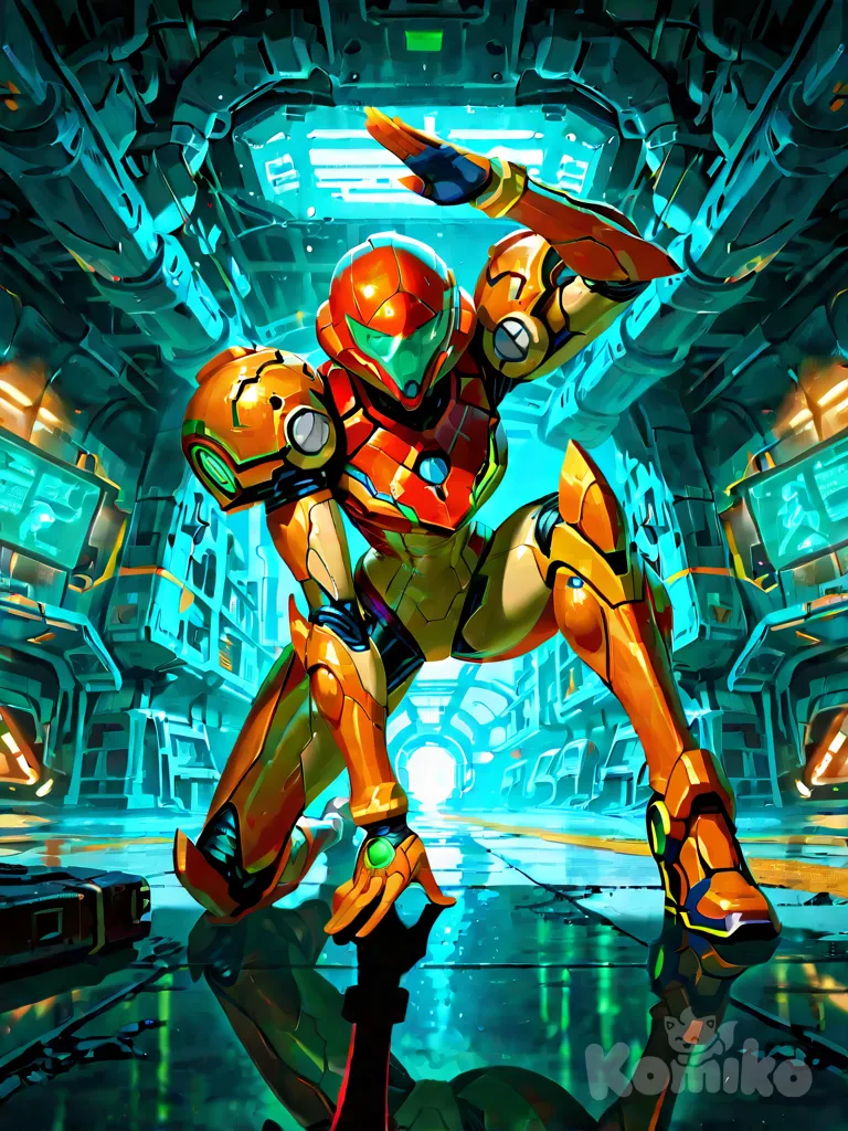 Samus_Aran, 1girl, power_suit, orange_armor, visor_glow, scanning_pose, sci-fi_setting, abandoned_space_station, metallic_walls, alien_symbols, holographic_display, dim_light, green_reflections, atmospheric_fog, cinematic_lighting, detailed_environment, full_body, natural_proportions, realistic_anime_style, ultra_detailed, 8k_render, volumetric_light, soft_shadows, high_quality, space_exploration_theme