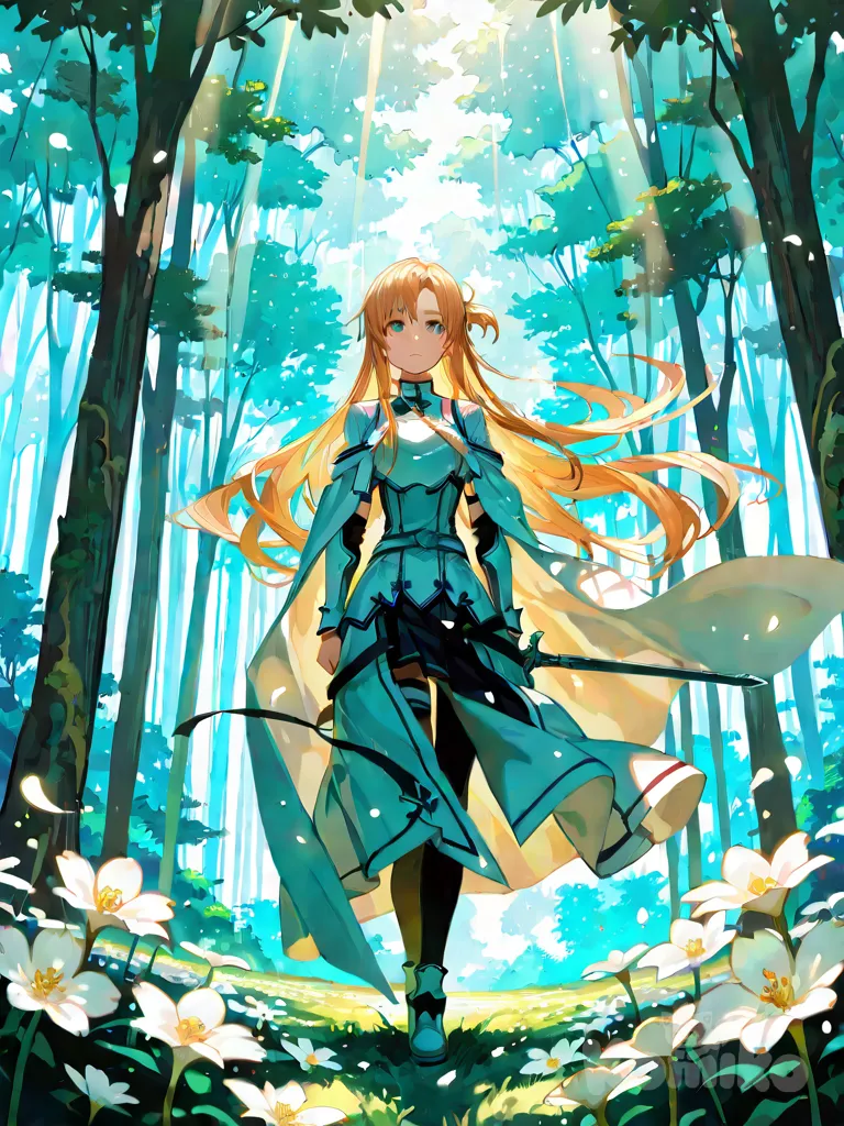 Asuna from Sword Art Online, standing in glowing forest clearing, surrounded by luminous flowers and soft falling petals, sword unsheathed, calm and focused expression, wind gently moving her hair and cape, sunlight filtering through trees, ethereal atmosphere, foliage and soft particles in air, cinematic anime style, full body, natural proportions, 8k ultra detail, volumetric light, smooth shading, warm color palette
