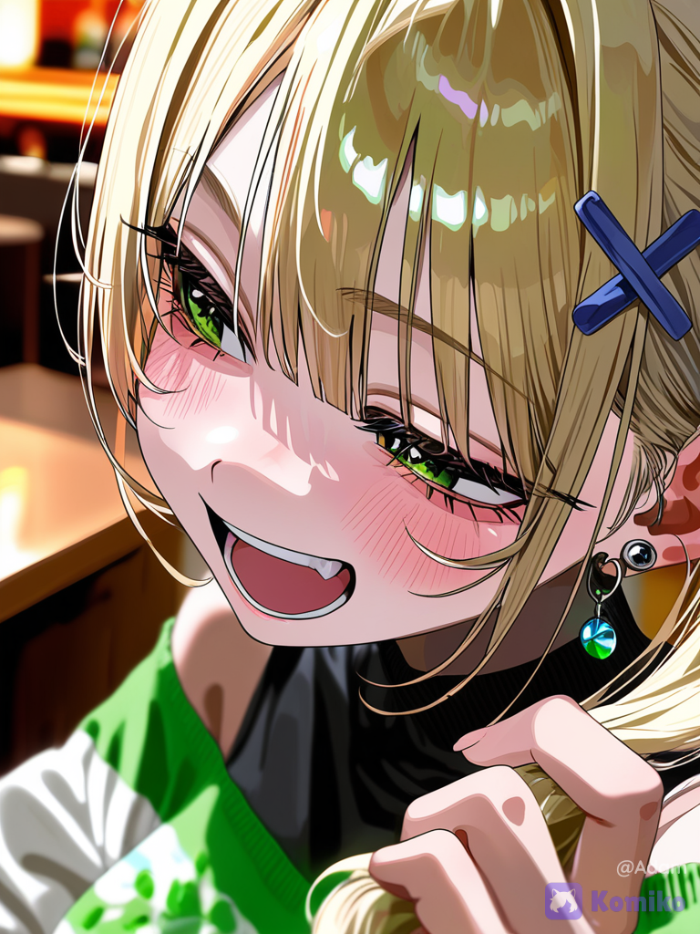 [vivid-close-up-style], anime coloring, 1girl, @audrey-djme, holding hair, laughing, henley shirt, restaurant, looking away, blurred background, over-the-shoulder shot, closeup