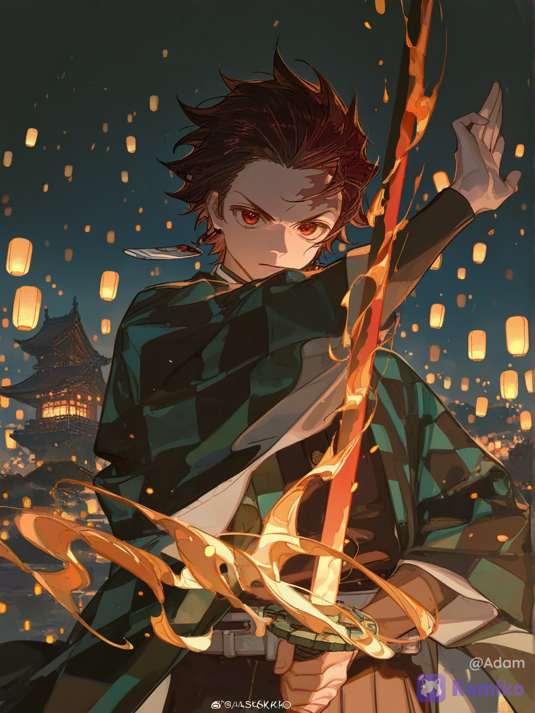highly realistic 3d illustration, @Kamado_Tanjirou, holding sword b, anburning with flames,in infinity castle, 1 boy, dark green, closeup, upper body, glowing particles, ethereal lighting, lantern festival, [dazzling-illustration-style], over-the-shoulder shot