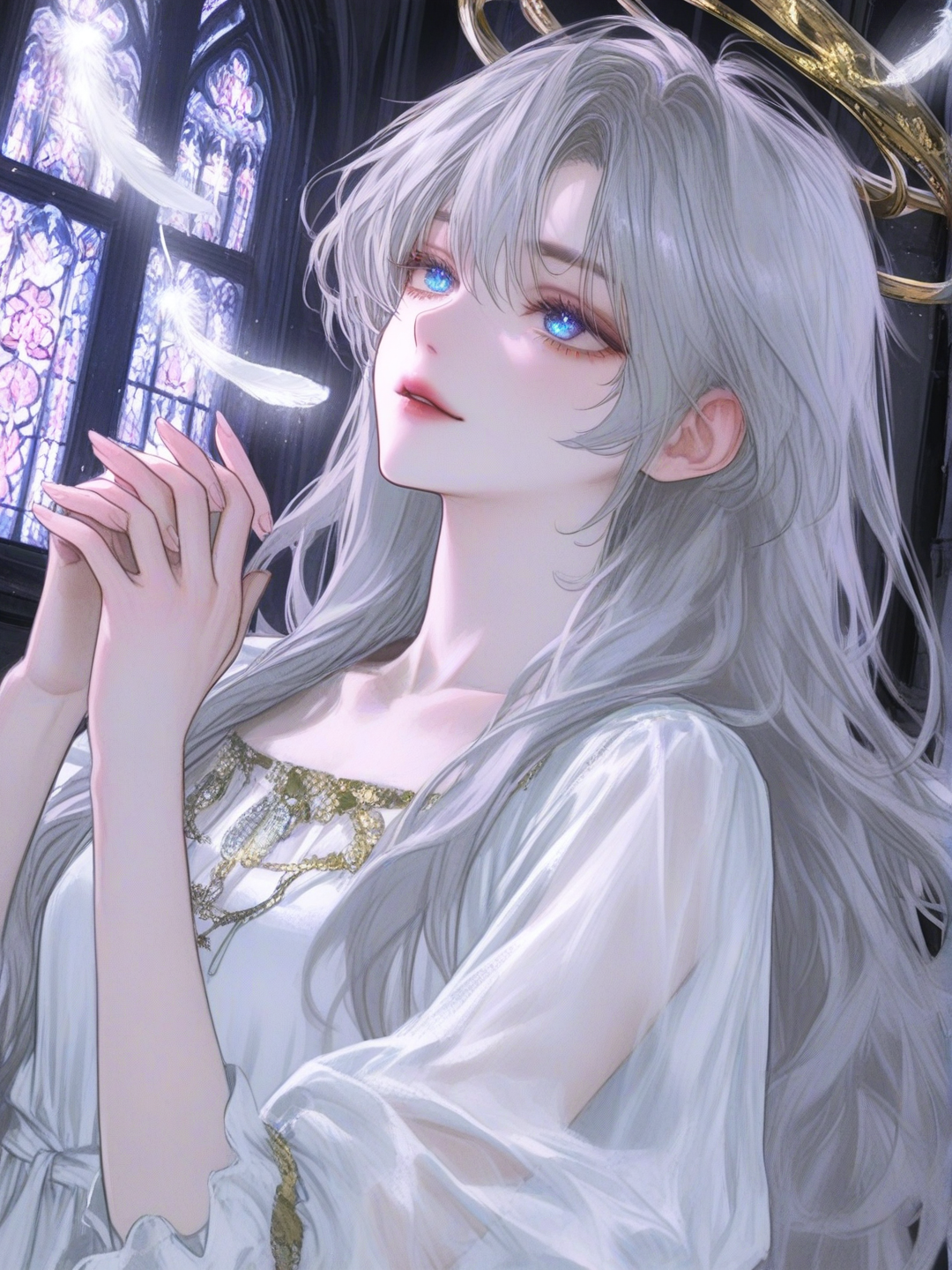 [semi-realistic-portrait-style], [1girl, beautiful woman, adult, long silver hair, waist-length hair, flowing hair, blue eyes, glowing eyes, gentle smile, delicate face, symmetrical face, soft features, white dress, layered dress, translucent fabric, gold ornaments, halo, floating, hands clasped, cathedral, stained glass, divine light, feathers, glowing particles, volumetric lighting, ethereal, absurdres, ultra cinematic lighting, fantasy, highly illustration, watercolor painting, soft brushstrokes, pastel colors
