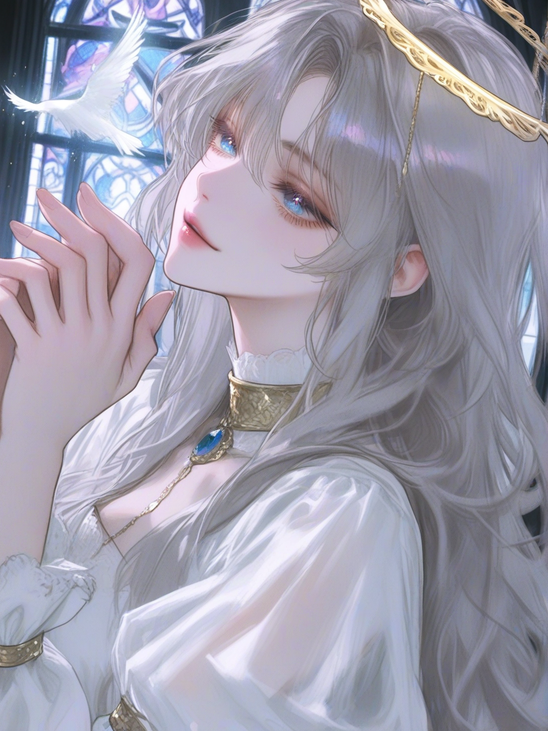 [semi-realistic-portrait-style], [1girl, beautiful woman, adult, long silver hair, waist-length hair, flowing hair, blue eyes, glowing eyes, gentle smile, delicate face, symmetrical face, soft features, white dress, layered dress, translucent fabric, gold ornaments, halo, floating, hands clasped, cathedral, stained glass, divine light, feathers, glowing particles, volumetric lighting, ethereal, absurdres, ultra cinematic lighting, fantasy, highly illustration, watercolor painting, soft brushstrokes, pastel colors