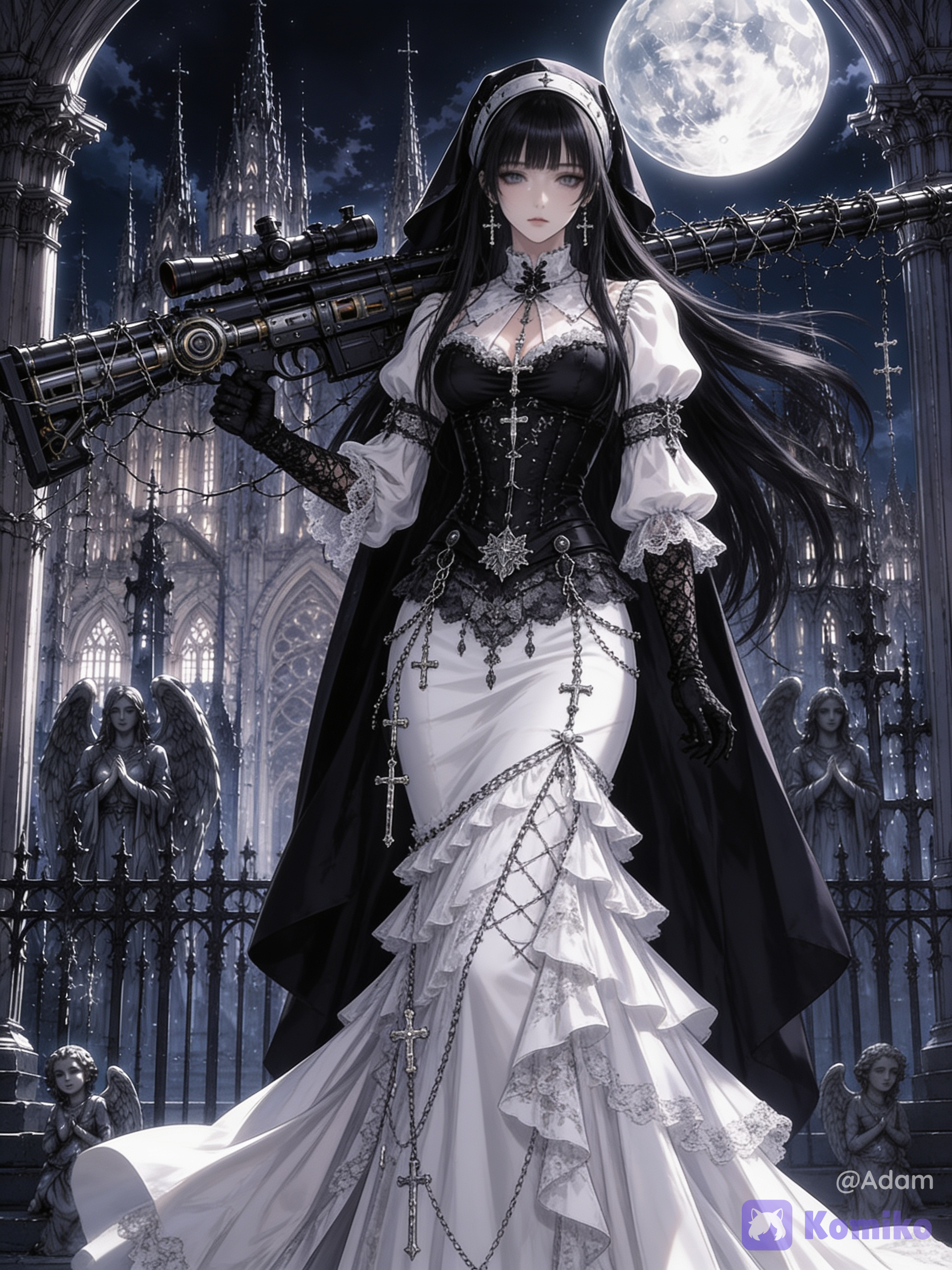 1girl, solo, full_body, standing, looking_at_viewer, expressionless, melancholic, beautiful_face, detailed_eyes, grey_eyes, pale_skin, black_hair, very_long_hair, straight_hair, bangs, earrings, cross_earrings
nun, gothic_nun, veil, black_veil, head_covering, gothic_lolita, elegant, mature_female, slender, curvy, corset, black_dress, evening_gown, gothic_dress, lace, lace_gloves, long_sleeves, lace_sleeves, frills, embroidery, intricate_details, jewelry, necklace, cross_necklace, chains, hanging_crosses, ornate_clothing, layered_clothing, flowing_fabric, train_dress, black_and_white_dress
weapon, gun, rifle, sniper_rifle, anti-materiel_rifle, oversized_weapon, scoped_rifle, carrying_weapon, weapon_on_shoulder, barbed_wire, detailed_weapon, mechanical_details
flowing_hair, wind