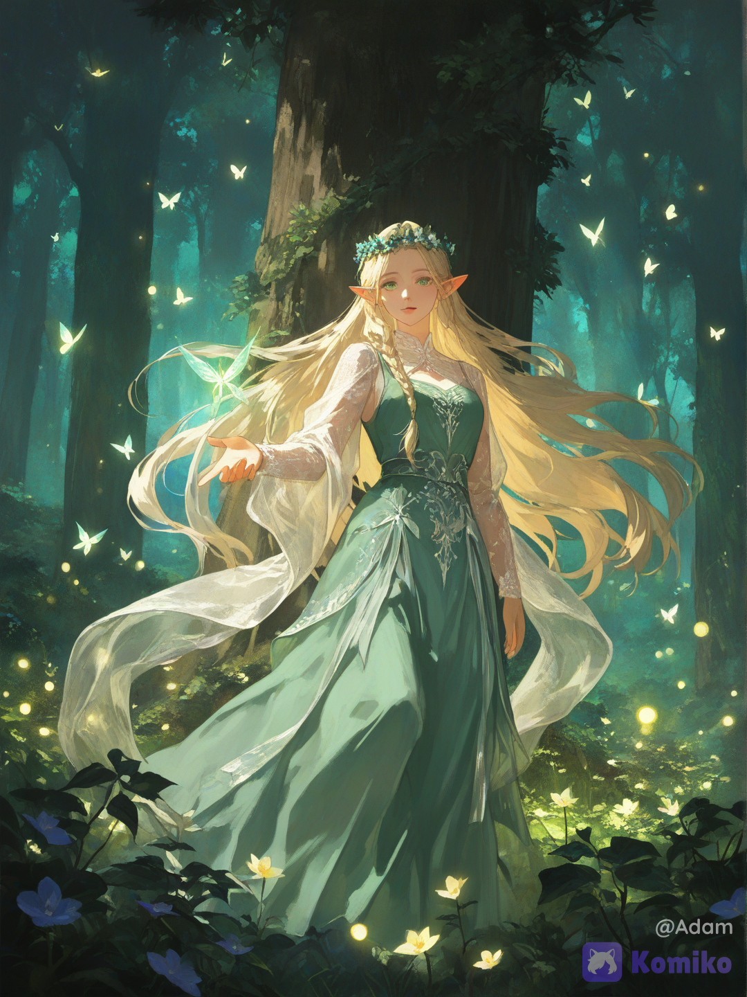 absurdres, ultra highly fantasy art, anime style, oil painting, painterly, textured canvas, rich colors, cinematic lighting, 1girl, solo, elf, beautiful woman, emerald green eyes, long blonde hair, very long hair, flowing hair, braided hair, side braid, intricate braid, pointed ears, floral crown, flower hair ornament, delicate face, soft smile, looking at viewer, white and green dress, elegant dress, fantasy dress, lace sleeves, translucent sleeves, embroidered dress, ornate clothing, gold filigree, intricate details, layered skirt, flowing fabric, nature-themed outfit, reaching hand, outstretched hand, hand towards viewer, dynamic perspective, depth of field, upper body, full body, graceful pose, enchanted forest, giant ancient tree, massive tree trunk, forest flowers, blooming flowers, vines, ivy, moss, foliage, lush vegetation, magical forest, forest pathway, ancient ruins, hidden shrine, nature scenery, glowing butterflies, magical butterflies, floating particles, fairy dust, sparkling lights, fireflies, glowing effects, ambient glow, sunlight rays, god rays, dappled sunlight, warm lighting, golden hour, backlighting, rim light, soft shadows, volumetric lighting, atmospheric perspective, ethereal, mystical atmosphere, magical atmosphere, fantasy world, serene, peaceful, dreamy, elegant, enchanting, nature magic, fairy tale aesthetic, highly eyes, hair, intricate clothing details, realistic fabric folds, beautiful composition, professional illustration, concept art, fantasy, [high-contrast-manhwa-style]