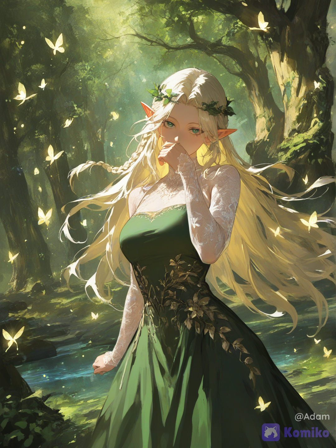 absurdres, ultra highly fantasy art, anime style, oil painting, painterly, textured canvas, rich colors, cinematic lighting, 1girl, solo, elf, beautiful woman, emerald green eyes, long blonde hair, very long hair, flowing hair, braided hair, side braid, intricate braid, pointed ears, floral crown, flower hair ornament, delicate face, soft smile, looking at viewer, white and green dress, elegant dress, fantasy dress, lace sleeves, translucent sleeves, embroidered dress, ornate clothing, gold filigree, intricate details, layered skirt, flowing fabric, nature-themed outfit, covering mouth, dynamic perspective, depth of field, upper body, graceful pose, enchanted forest, giant ancient tree, massive tree trunk, forest flowers, blooming flowers, vines, ivy, moss, foliage, lush vegetation, magical forest, forest pathway, ancient ruins, hidden shrine, nature scenery, glowing butterflies, magical butterflies, floating particles, fairy dust, sparkling lights, fireflies, glowing effects, ambient glow, sunlight rays, god rays, dappled sunlight, warm lighting, golden hour, backlighting, rim light, soft shadows, volumetric lighting, atmospheric perspective, ethereal, mystical atmosphere, magical atmosphere, fantasy world, serene, peaceful, dreamy, elegant, enchanting, nature magic, fairy tale aesthetic, highly eyes, hair, intricate clothing details, realistic fabric folds, beautiful composition, professional illustration, concept art, fantasy, [high-contrast-manhwa-style]