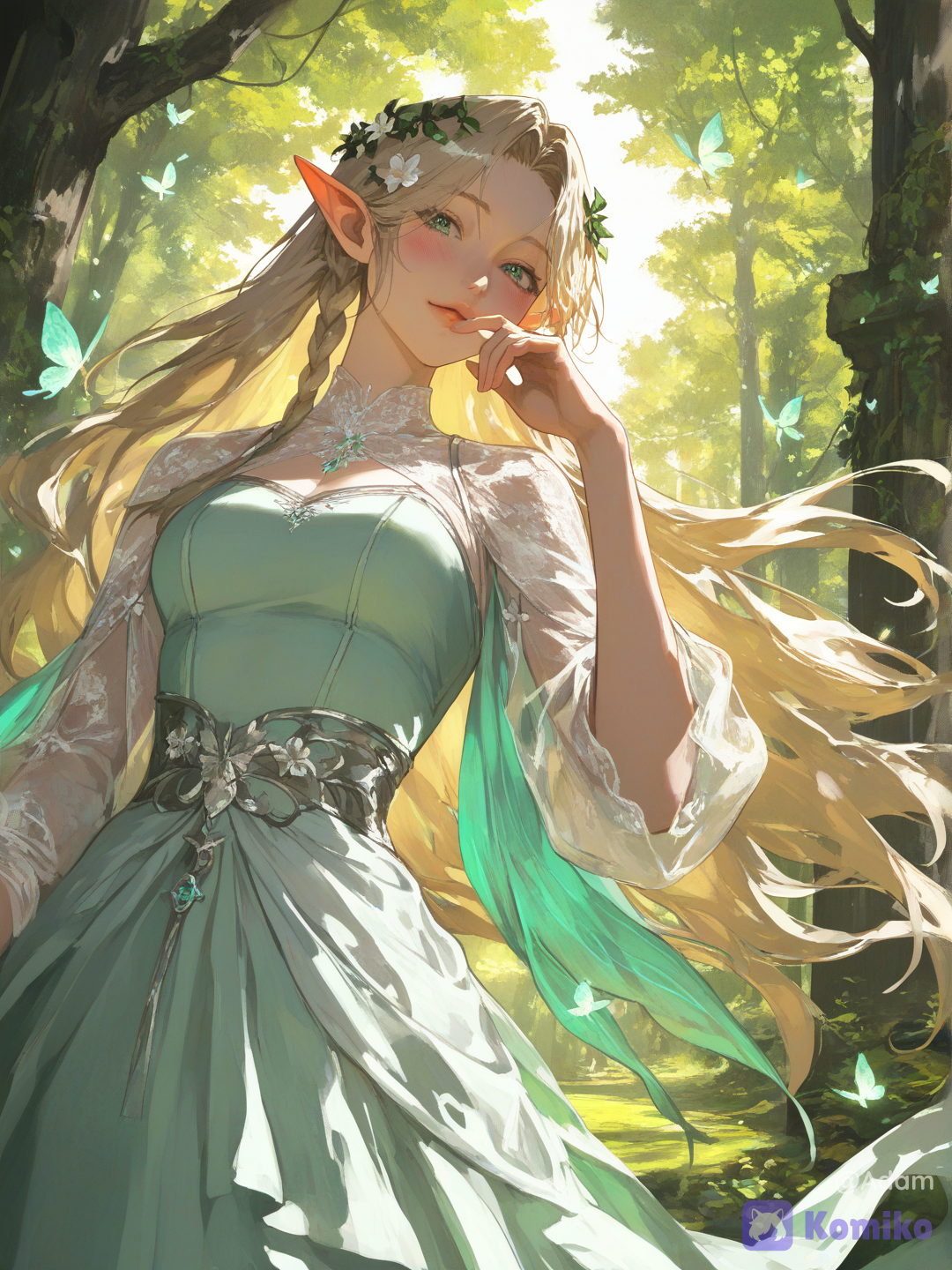absurdres, ultra highly fantasy art, anime style, oil painting, painterly, textured canvas, rich colors, cinematic lighting, 1girl, solo, elf, beautiful woman, emerald green eyes, long blonde hair, very long hair, flowing hair, braided hair, side braid, intricate braid, pointed ears, floral crown, flower hair ornament, delicate face, soft smile, looking at viewer, white and green dress, elegant dress, fantasy dress, lace sleeves, translucent sleeves, embroidered dress, ornate clothing, gold filigree, intricate details, layered skirt, flowing fabric, nature-themed outfit, covering mouth, soft blush, smiling elegantly dynamic perspective, depth of field, upper body, graceful pose, enchanted forest, giant ancient tree, massive tree trunk, forest flowers, blooming flowers, vines, ivy, moss, foliage, lush vegetation, magical forest, forest pathway, ancient ruins, hidden shrine, nature scenery, glowing butterflies, magical butterflies, floating particles, fairy dust, sparkling lights, fireflies, glowing effects, ambient glow, sunlight rays, god rays, dappled sunlight, warm lighting, golden hour, backlighting, rim light, soft shadows, volumetric lighting, atmospheric perspective, ethereal, mystical atmosphere, magical atmosphere, fantasy world, serene, peaceful, dreamy, elegant, enchanting, nature magic, fairy tale aesthetic, highly eyes, hair, intricate clothing details, realistic fabric folds, beautiful composition, professional illustration, concept art, fantasy, [high-contrast-manhwa-style]