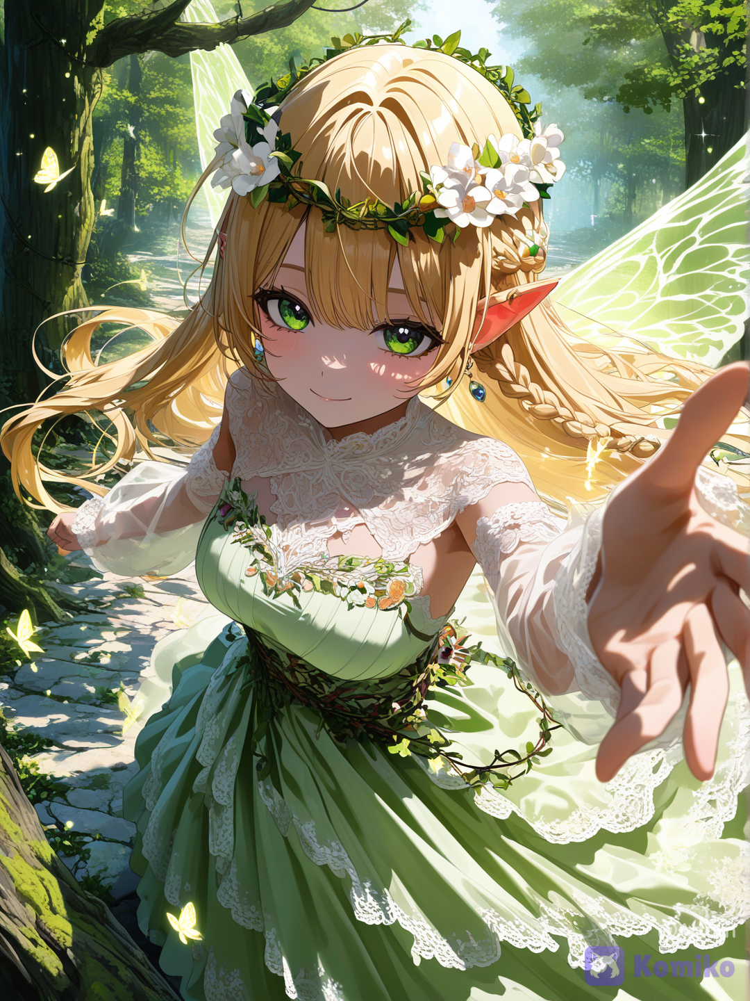 absurdres, ultra highly fantasy art, anime style, oil painting, painterly, textured canvas, rich colors, cinematic lighting, 1girl, solo, elf, beautiful woman, emerald green eyes, long blonde hair, very long hair, flowing hair, braided hair, side braid, intricate braid, pointed ears, floral crown, flower hair ornament, delicate face, soft smile, looking at viewer, white and green dress, elegant dress, fantasy dress, lace sleeves, translucent sleeves, embroidered dress, ornate clothing, gold filigree, intricate details, layered skirt, flowing fabric, nature-themed outfit, reaching hand, outstretched hand, hand towards viewer, dynamic perspective, depth of field, upper body, full body, graceful pose, enchanted forest, giant ancient tree, massive tree trunk, forest flowers, blooming flowers, vines, ivy, moss, foliage, lush vegetation, magical forest, forest pathway, ancient ruins, hidden shrine, nature scenery, glowing butterflies, magical butterflies, floating particles, fairy dust, sparkling lights, fireflies, glowing effects, ambient glow, sunlight rays, god rays, dappled sunlight, warm lighting, golden hour, backlighting, rim light, soft shadows, volumetric lighting, atmospheric perspective, ethereal, mystical atmosphere, magical atmosphere, fantasy world, serene, peaceful, dreamy, elegant, enchanting, nature magic, fairy tale aesthetic, highly eyes, hair, intricate clothing details, realistic fabric folds, beautiful composition, professional illustration, concept art, fantasy, [vivid-close-up-style]