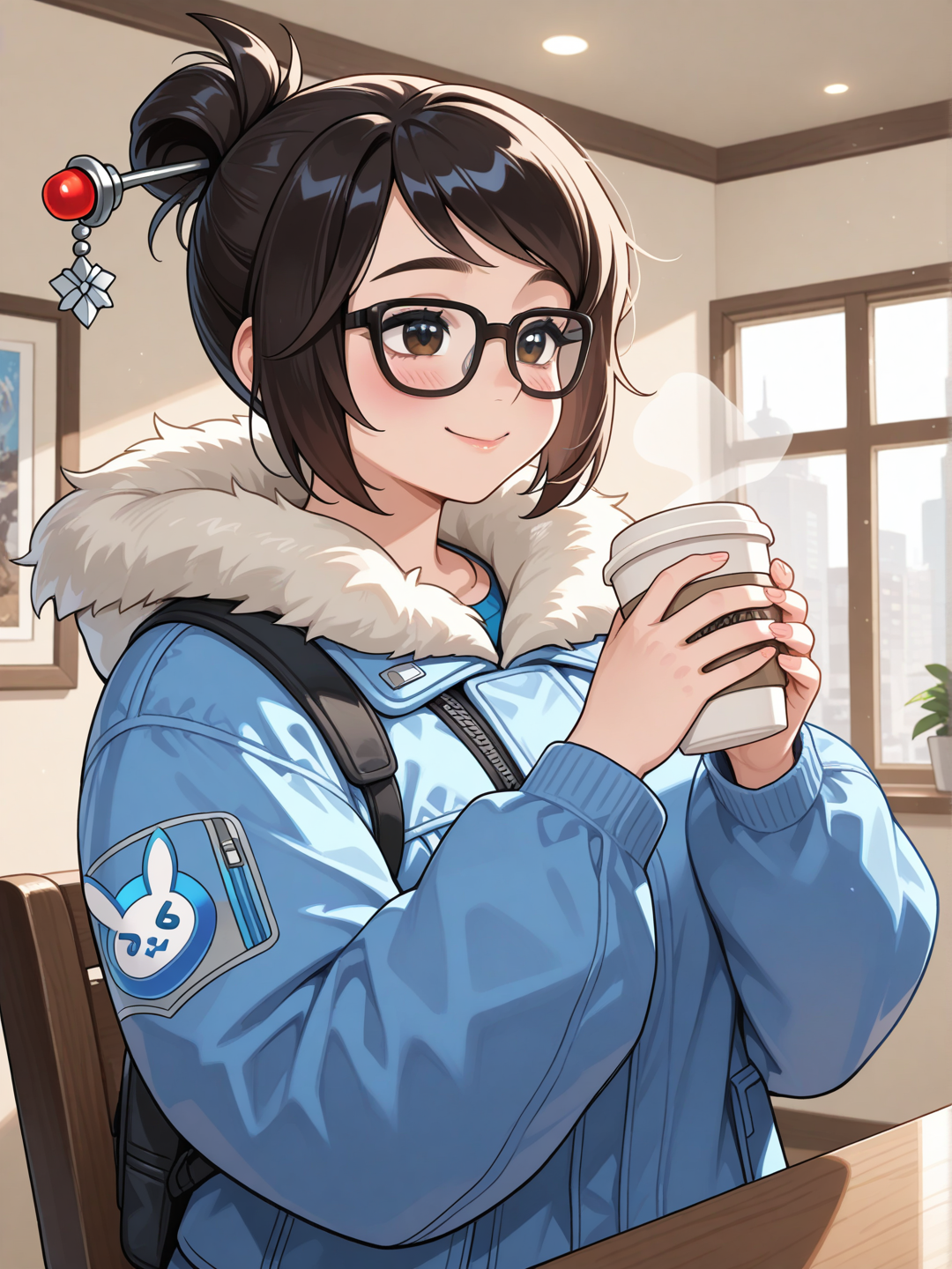 @Mei_(Overwatch), drinking coffee