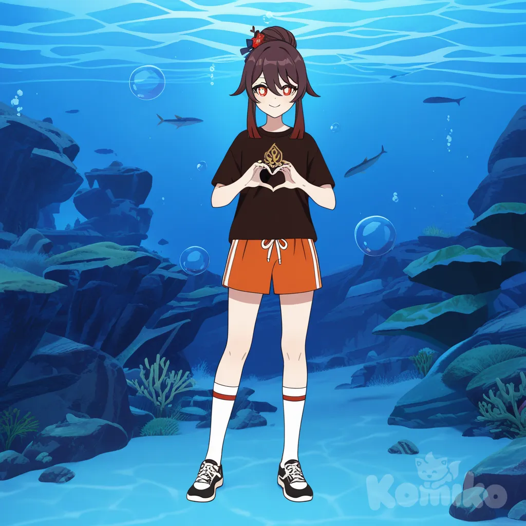[pop-anime-style], @Hu_Tao_(Genshin_Impact), t-shirt, beach shorts, lace, knee-high socks, updo, full body, ambient light, aquarium, heart hands, smile