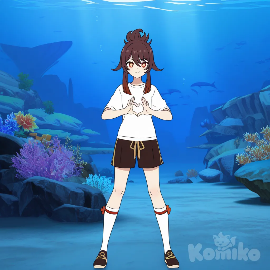 [pop-anime-style], @Hu_Tao_(Genshin_Impact), t-shirt, beach shorts, lace, knee-high socks, updo, full body, ambient light, aquarium, heart hands, smile