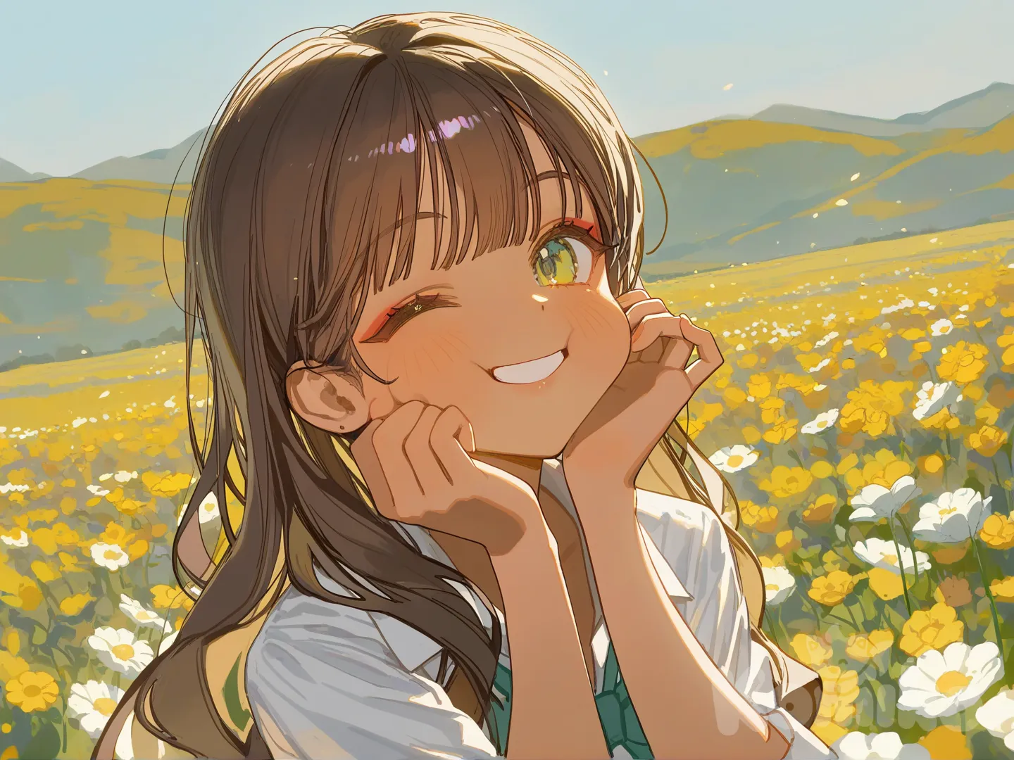 [lacquered-illustration-style], 1girl, face pinching, one eye closed, smile, gyaru, long hair, brown hair, wavy hair, dark skin, dark-skinned female, makeup, gyaru makeup, green eyes, flower field, side light