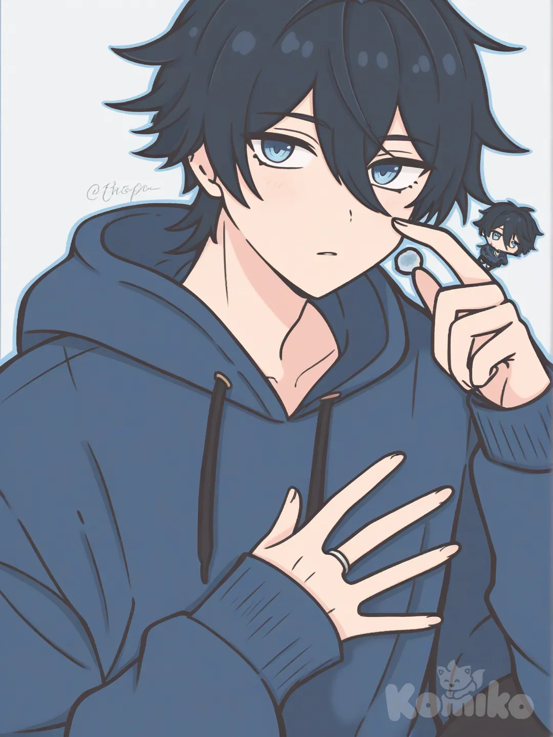um garoto adolescente lindo de cabelo preto cacheados curto , olhos azuis lindos, o casaco moletom de manga alta azul e uma aliança de namoro na mão , Genshin Impact, [pastel-chibi-style]