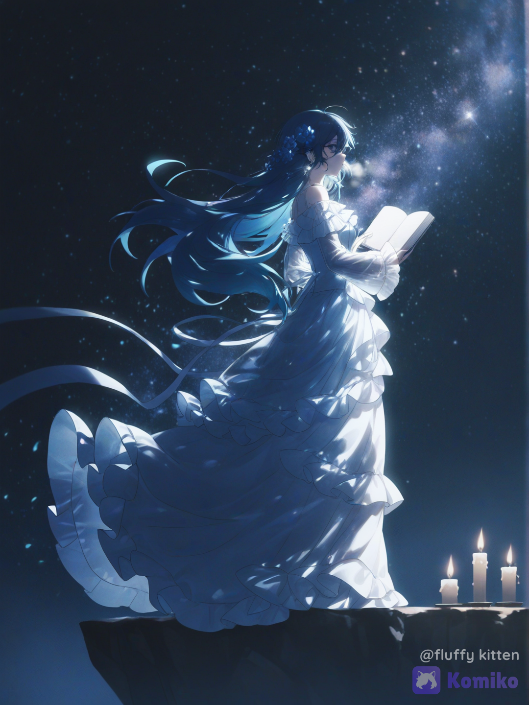 @kitty-mi-wheJ, royal outfit, silk, book, full body, flickering light, rim light, candlelight, cliff, [dreamy-haze-style]