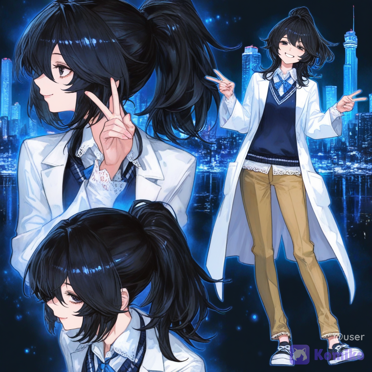 1girl, head tilt, v sign, wide-leg pants, lace, black hair, khaki, glowing particles, skyscraper, . Tóc đen dài ngang vai buột cao, miệng hay cười, đáng yêu, dịu dàng, nhưng phá hơn tụi con con trai đôi mắt đen. Tính cách: Hướng ngoại, vui vẻ, phá phách, vui tính, hóng drama thì nhanh, cao 1m62, full body, front profile photo, side profile photo, from above, looking at viewer, school vest, lab coat, [vibrant-anime-male-style]