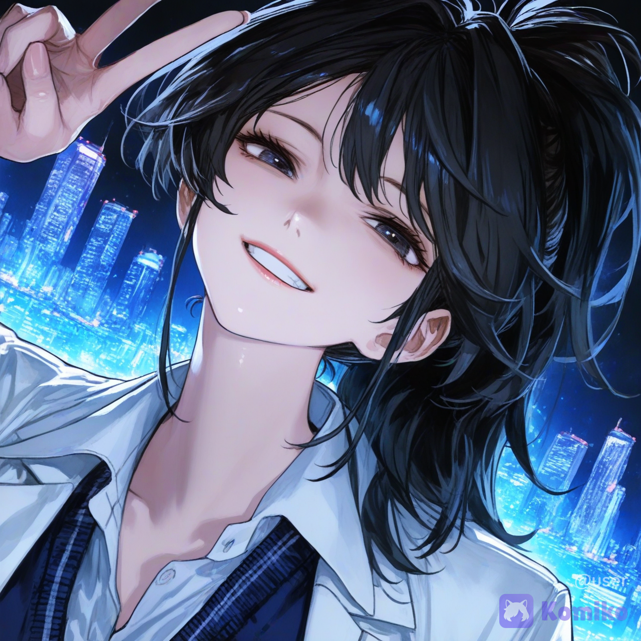 1girl, head tilt, v sign, wide-leg pants, lace, black hair, khaki, glowing particles, skyscraper, . Tóc đen dài ngang vai buột cao, miệng hay cười, đáng yêu, dịu dàng, nhưng phá hơn tụi con con trai đôi mắt đen. Tính cách: Hướng ngoại, vui vẻ, phá phách, vui tính, hóng drama thì nhanh, cao 1m62, looking at viewer, school vest, lab coat, [vibrant-anime-male-style], headshot, portrait