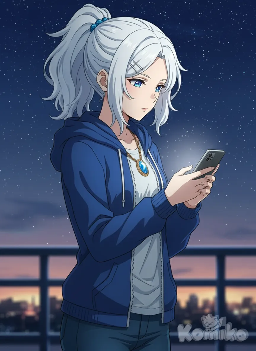 <eira-owen-Kn52>, anime coloring, anime screencap, looking at phone, hoodie, jeans, hairpin, hair accessory, jewelry, side part, high ponytail, front profile photo, looking away, night, twilight, starry sky
