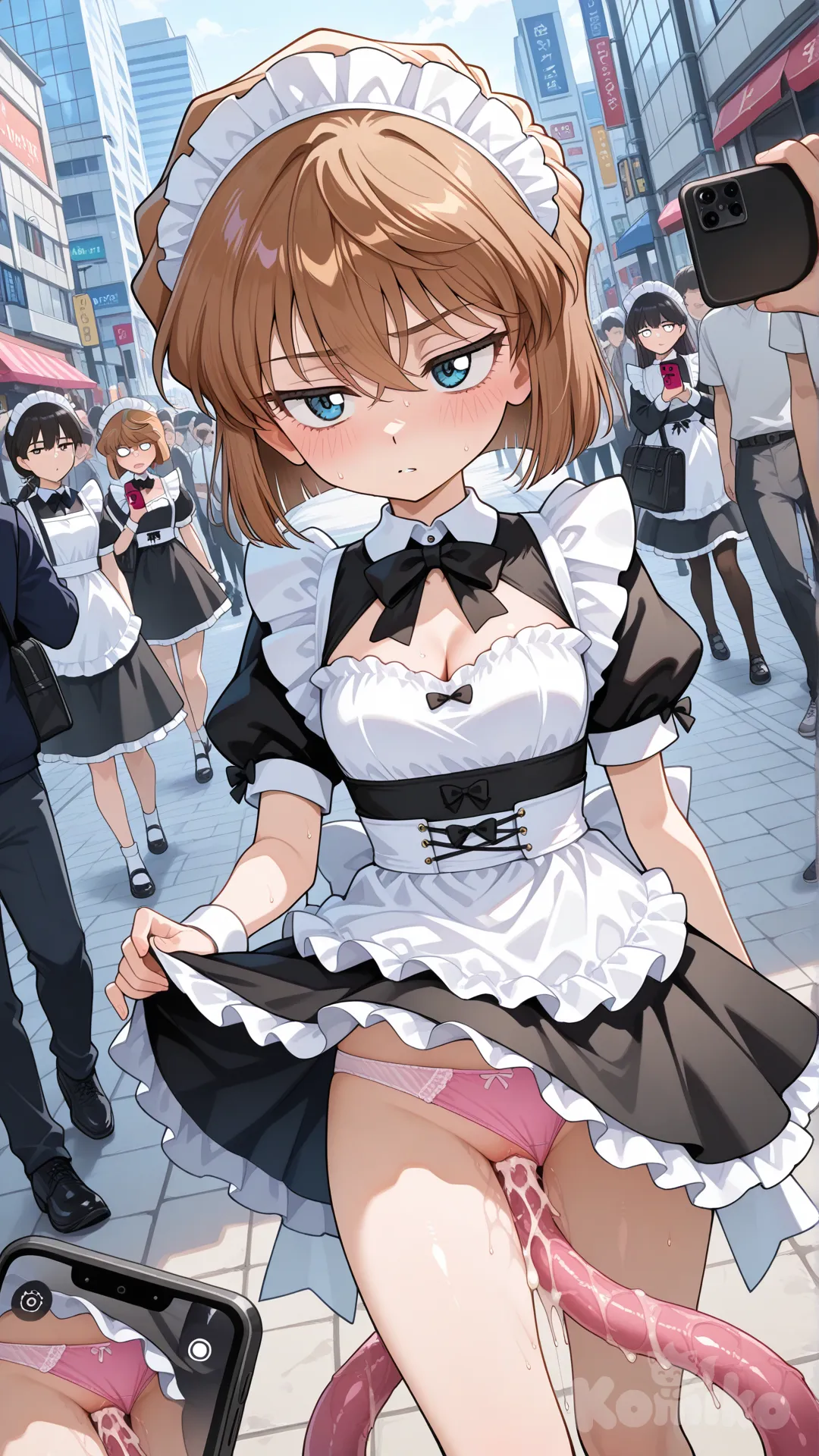 Haibara ai in a maid outfit and tentacles monster in public