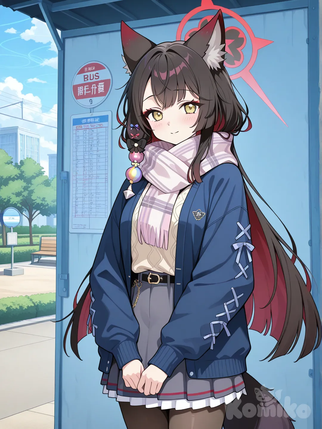 wakamo (blue archive,Scarf, sweater,skirt, pantyhose, casual shoe, upper body, park, bus stop, Well , anime coloring