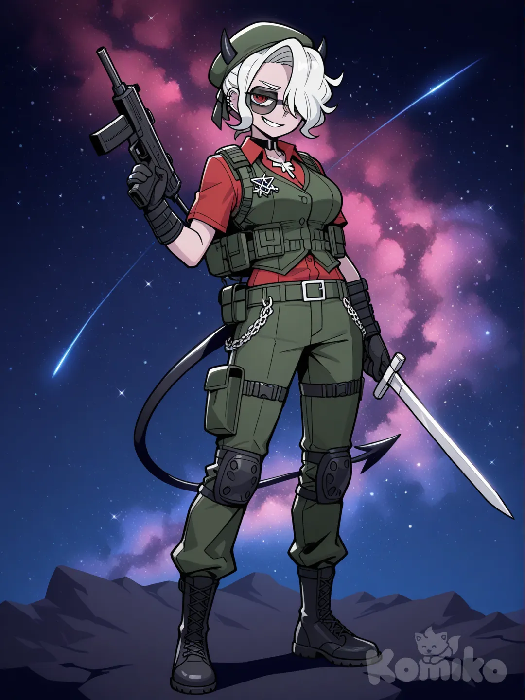 holding gun, vest, full body, cargo pants, headband, beret, mullet, spiky hair, olive green, holding sword, smirk, cosmic background, ambient light, @Zdrada_(Helltaker)