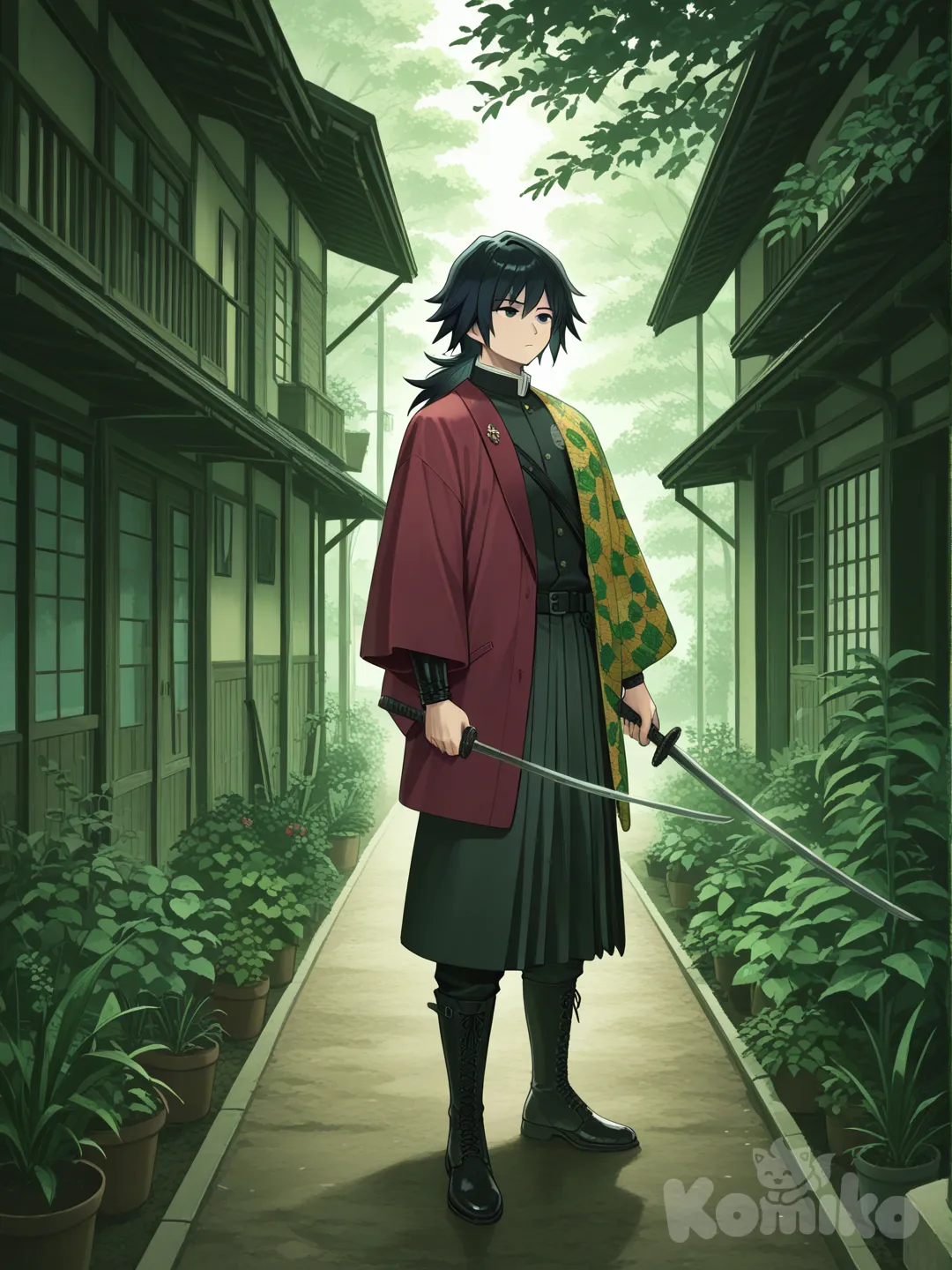 Tomioka_Giyuu, holding sword, leather jacket, full body, looking away, portrait, top light, day, village, garden, expressionless