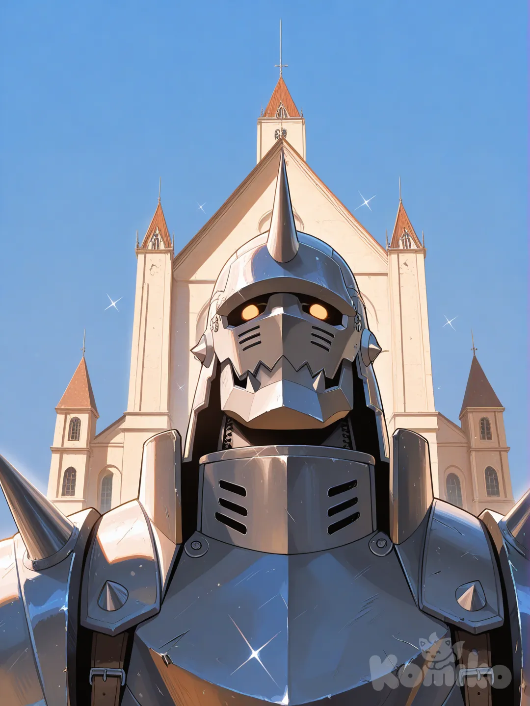 @Alphonse_Elric, head tilt, ivory white, portrait, backlight, day, sparkle, wide shot, blue sky, church