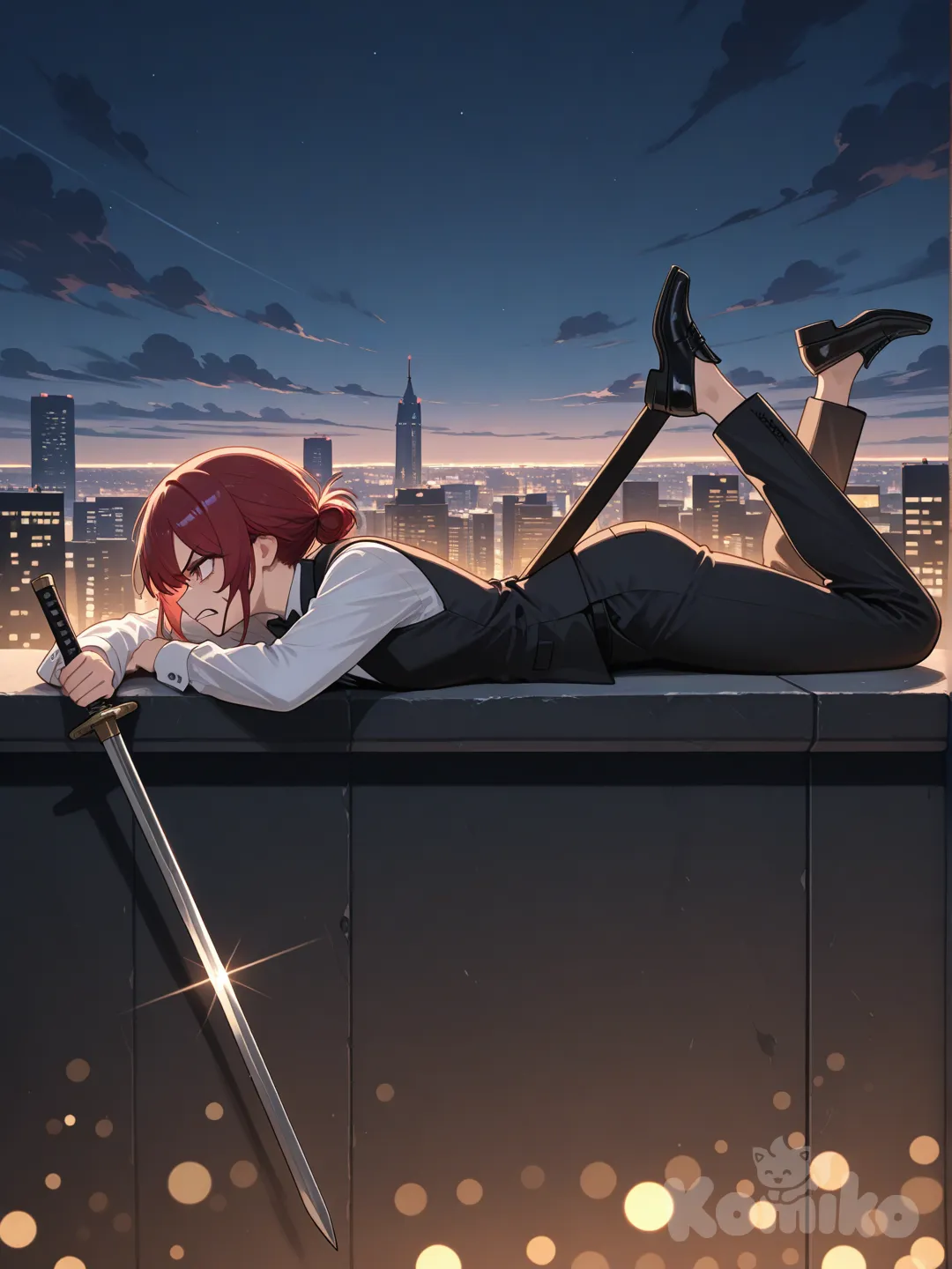 @Vaggie, holding sword, lie on stomache, frown, vest, suit pants, tuxedo, studs, tie, burgundy, portrait, full body, side light, city lights, cityscape, cloud