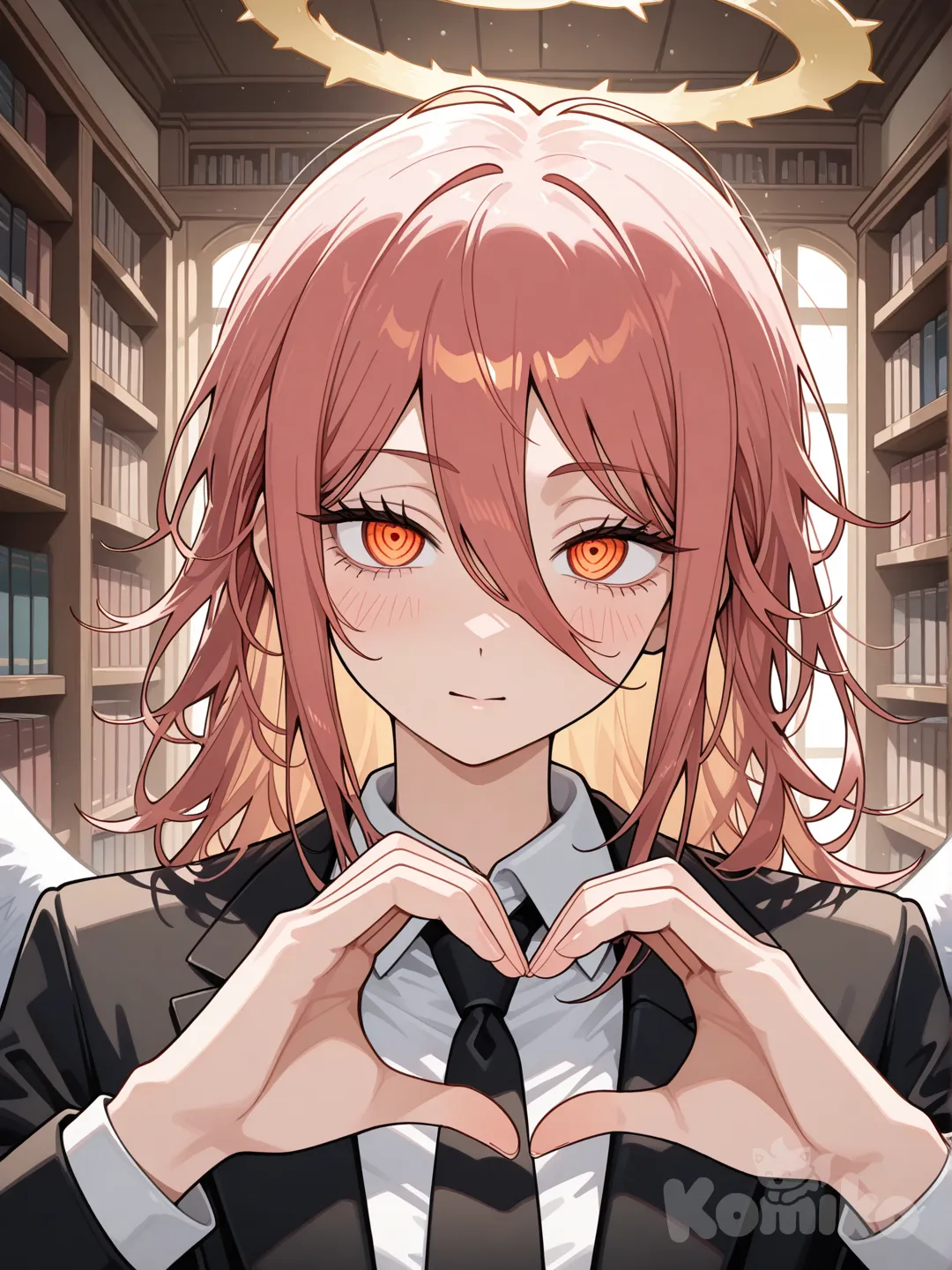 @Angel_Devil_(Chainsaw_Man), heart hands, suit, tuxedo, tie, portrait, panoramic lens, ambient light, rim light, library