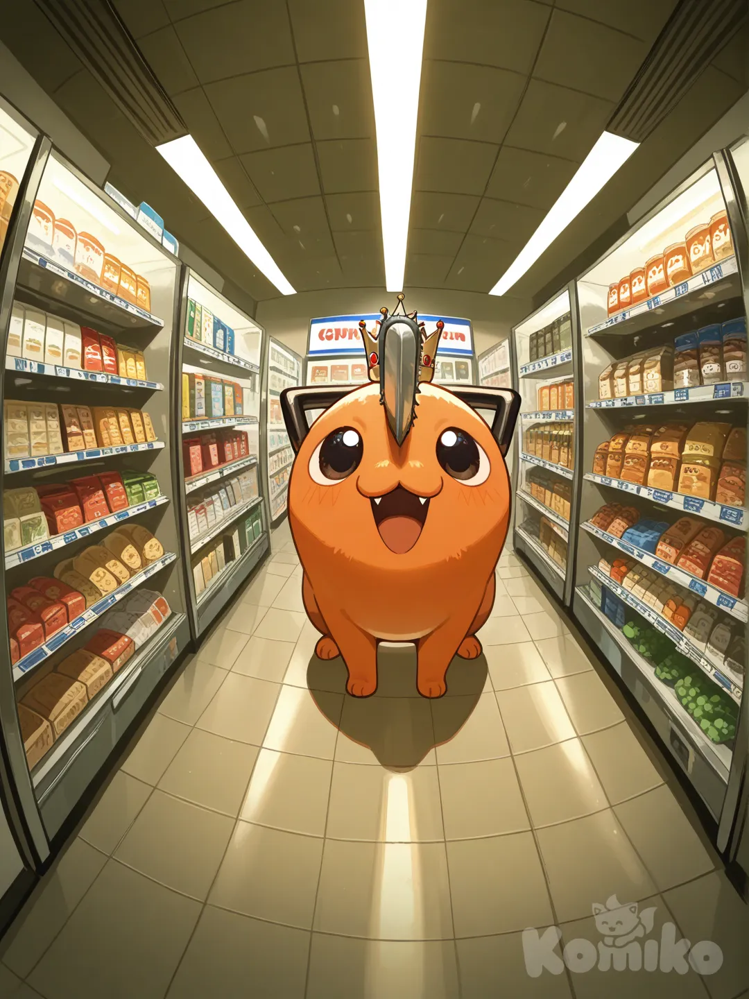 @Pochita_(Chainsaw_Man), laughing, smile, crown, full body, panoramic lens, rim light, convenience store