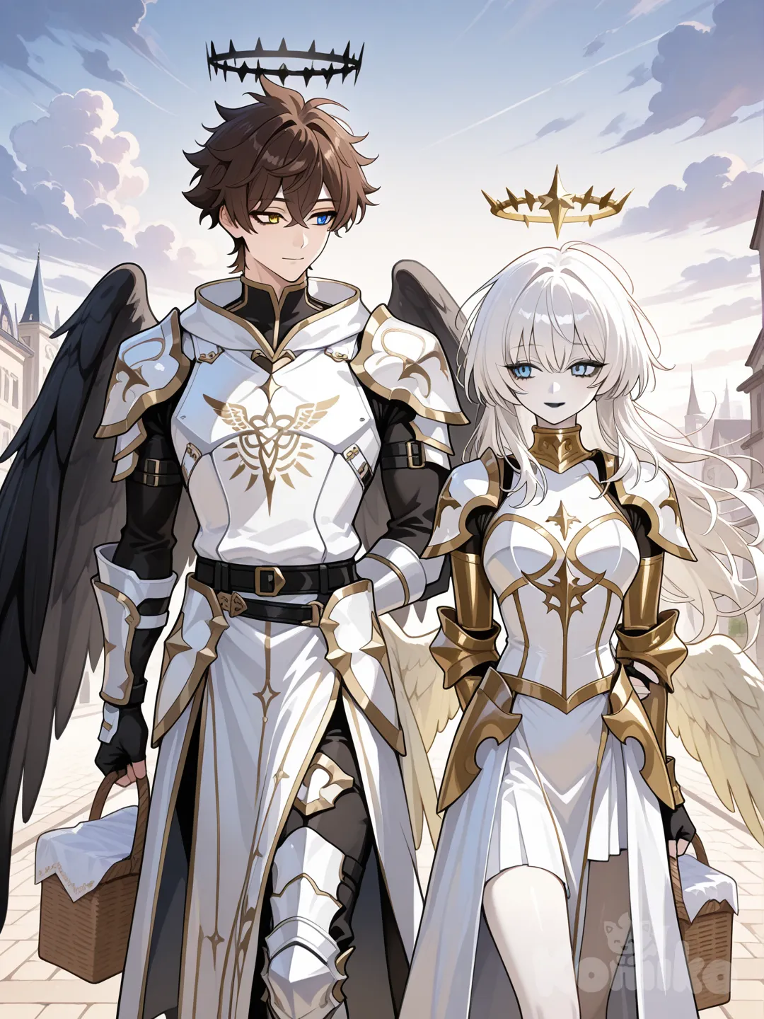 angelic women, short white hair, white armored suit w/ skirt and black interior, fingerless gloves, pale skin, black halo, gold eye pupil, six dark wings with white interior, white suit & skirt w/ black interior, dark eye liner & lips, hands behind back, soft smile, walking streets of heaven with a handsome man in white robe, gold sleeves & collar, brown spiky messy hair, yellow halo, blue eyes, yellow angelic wings, carrying picnic basket