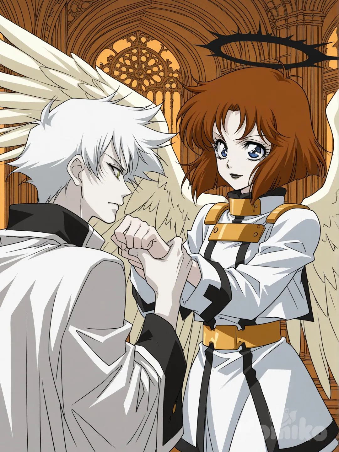 A angelic women with short white hair, white armor suit & skirt black interior, pale white skin, black halo, gold eye pupil, six dark wings with white interior, white suit & skirt black interior, dark eye liner & lips, soft smile, arm wrestles a handsome man in white robe, gold belt & rolled up sleeves, brown spiky messy hair, yellow halo, eye to eye, blue eyes, yellow angelic wings, heaven palace gold white, losing to her, [retro-anime-style]