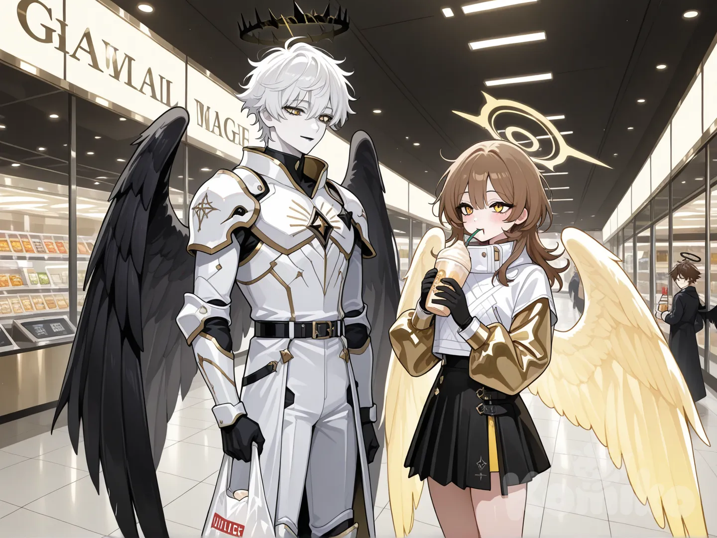 angelic women, short white hair, white armor suit with skirt, black interior, white skin, black halo, gold eye pupil, dark wings white interior, white suit & skirt black interior, dark eye liner & lips, soft smile, carry groceries, and handsome man white robe, gold sleeves, standing collar, brown spiky messy hair, carry grocery, flesh tank skin, black gloves, yellow halo, gold eyes, yellow big angelic wings, drink milk shake straw, mall heaven city