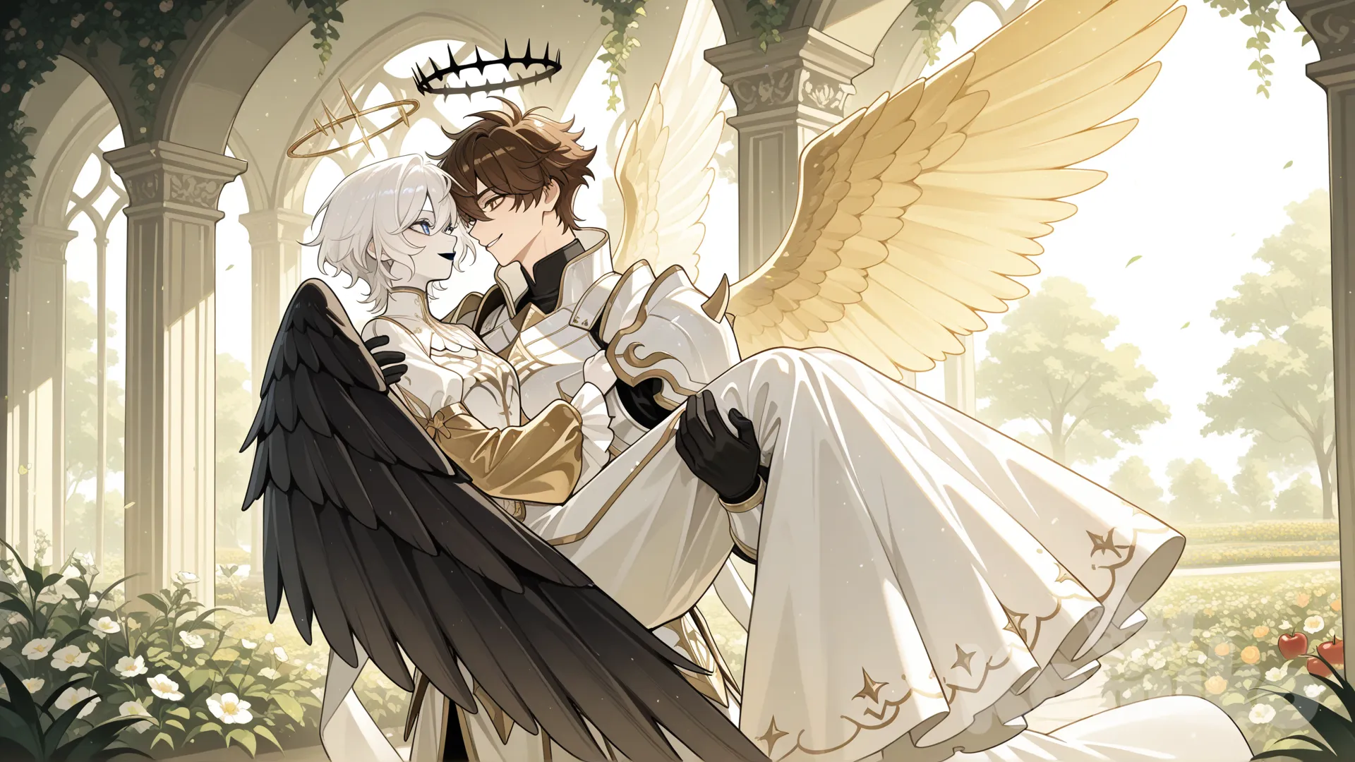 angelic woman, short white hair, full white armor in black interior, white pale skin, black halo, gold eye, black wings white interior, dark eye liner & lips, smirk, being carried by handsome man eye to eye, white robe gold sleeves, standing collar, blue eyes, brown spiky messy hair, black gloves, gold halo, yellow wings, walk around garden eden