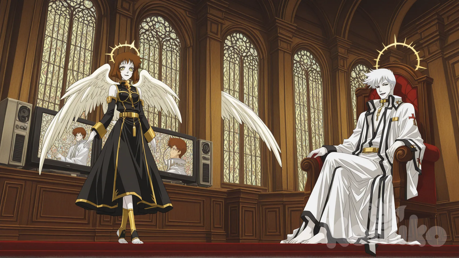 angelic lady, short white hair, white armor dress w/lack interior, pale skin, black halo, gold eye, black wings white interior, dark eye liner & lips, barefoot legs cross in stirrup leggings, smirk, sit besides a handsome man, upper unbutton long white robe, gold rope belt, gold sleeves, standing collar, brown messy hair, gold halo, yellow wings, both watch tv show, heaven mansion, colorful windows, [retro-anime-style]