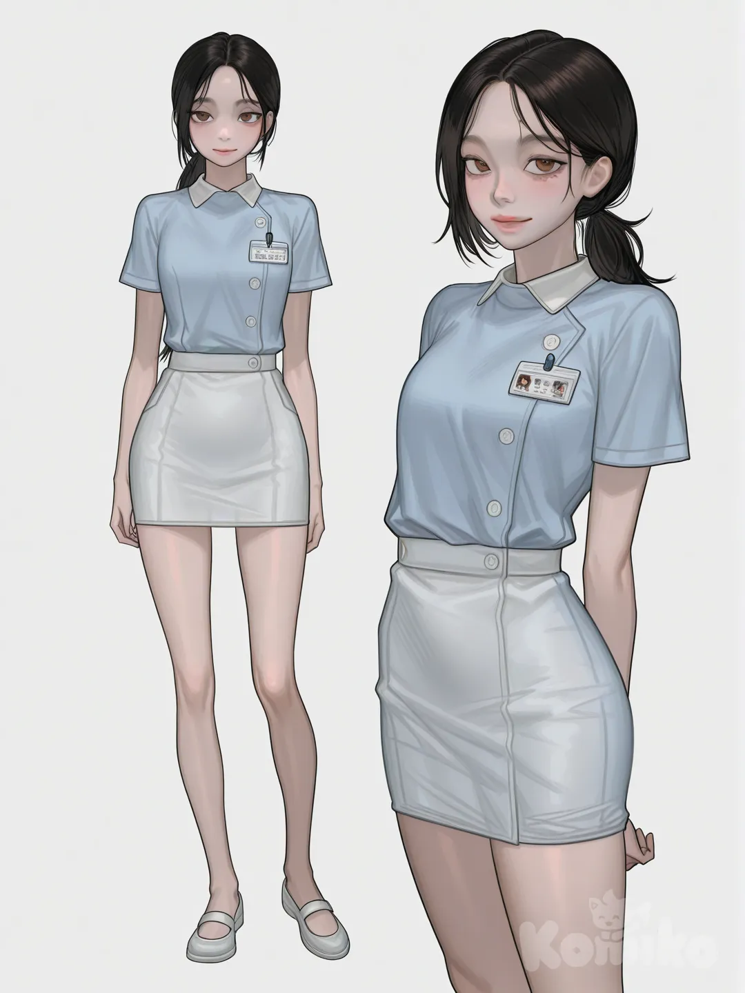 1girl, slim, korean, teen,
no bangs, black hair, calm hair, low side ponytail, oval face, narrow jawline, droppy eye corners, monolid downturn eyes, slim eyes, brown eyes, eye smile, light makeup, clean skin,
Nurse uniform, no hat, no hairband, skyblue shirt, tight shirt, short sleeves, 
White skirt, tight skirt, wrinkle-free skirt, slim straight legs, no socks, white flat heels,
looking at viewer, full body, simple background, white background, front view, [digital-painterly-style]
