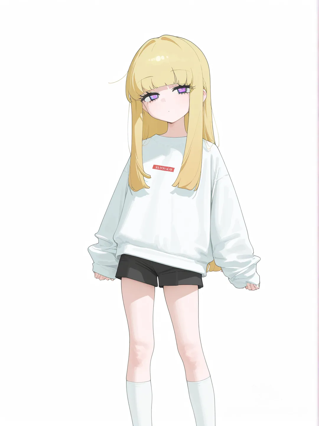 1girl, korean, tall, slim,
long hair, small oval face, narrow jawline, korean influencer face, light makeup, blunt bangs, long slanted eyes, 
white shirt, short black pants, crew socks, mid-calf white socks, tight socks, no shoes, full body, white background, simple background, looking at viewer, front view, [vibrant-anime-style]