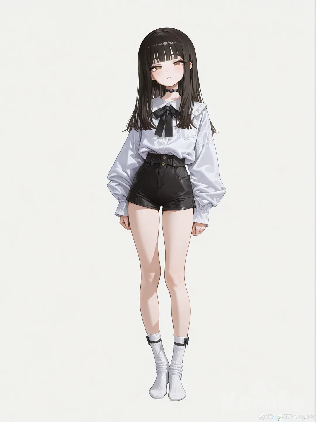 1girl, korean, tall, slim,
long hair, small oval face, narrow jawline, korean influencer face, light makeup, blunt bangs, long slanted eyes, 
white shirt, short black pants, crew socks, mid-calf white socks, tight socks, no shoes, full body, white background, simple background, looking at viewer, front view, [high-gloss-illustration-style]