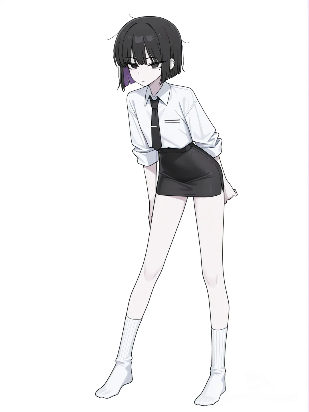1girl, korean girl, cool tone skin, slim, bob hair, bangs, long slanted eyes, double eyelids, beauty spot below right eye, narrow jaline, small face, white shirt, black tie, long sleeves, sleeves rolled up, black tight skirt, short skirt, skinny long legs, white crew socks, only socks, front view, behind view, full body, simple background, white background, [toon-shaded-style]