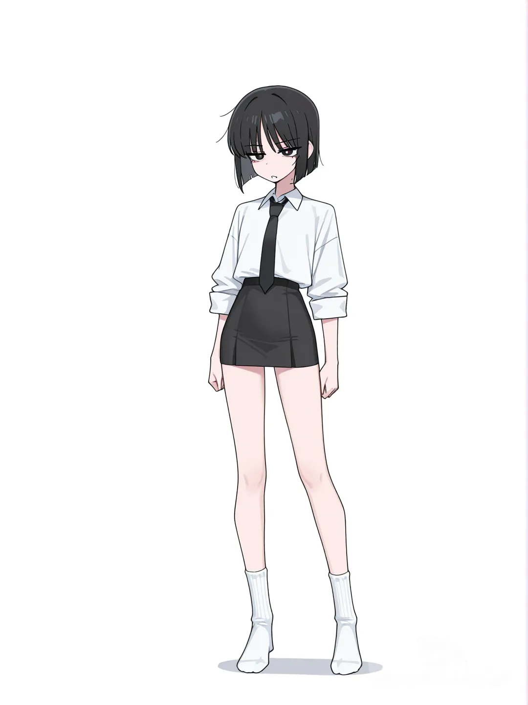 1girl, korean girl, cool tone skin, slim, black bob hair, light bangs, long eyes, double eyelids, white pupils, spot below right eye, narrow jawline, small face, white shirt, black tie, long sleeves, sleeves rolled up, black tight skirt, short skirt, skinny long legs, white crew socks, only socks, front view, behind view, full body, simple background, white background, [toon-shaded-style]