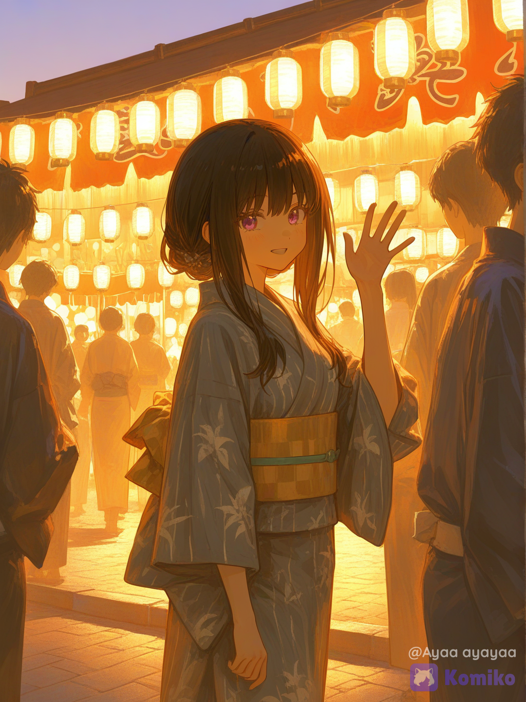 inoue takina, grey kimono motif, sedang berjalan di area festival musim panas, terlihat kios dagangan di sisi kanan dan kiri, anime festival food stall, freshly grilled satay skewers, glowing lanterns, evening matsuri atmosphere, warm lighting, delicious street food, anime illustration, dan suasana hati penuh kegembiraan,tatapan lembut senyum manis, detail susunan lentera tertata rapih dan natural, detai lipatan baju, nuansa malam yang meriah, hilir mudik pengunjung, anime, twilight, ethereal lighting, festival musim panas Jepang, Cowboy shot, looking at viewer, waving, [sensual-glossy-style], depth of field, anime food art, highly vibrant colors, soft lighting, appetizing presentation.