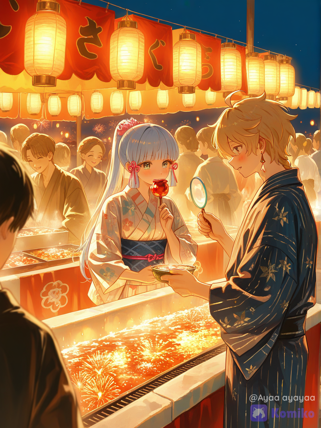 komiko-matsuri, Kamisato Ayaka and Aether enjoying a vibrant summer matsuri festival together, standing beneath rows of glowing red paper lanterns, couple atmosphere, Ayaka looking at Aether with a gentle shy smile while Aether smiles back warmly, traditional festival street filled with colorful stalls, fireworks blooming across the people enjoying the festival in the background, goldfish scooping booth, candy apples, festival games, beautiful yukata outfits with intricate patterns, soft evening breeze, warm lantern light, romantic and wholesome mood, scenery, anime illustration, ultra vibrant colors, dynamic composition, depth of field, beautiful festival ambiance., [sensual-glossy-style], cowboy shot, golden hour, ethereal lighting, lantern festival, market street