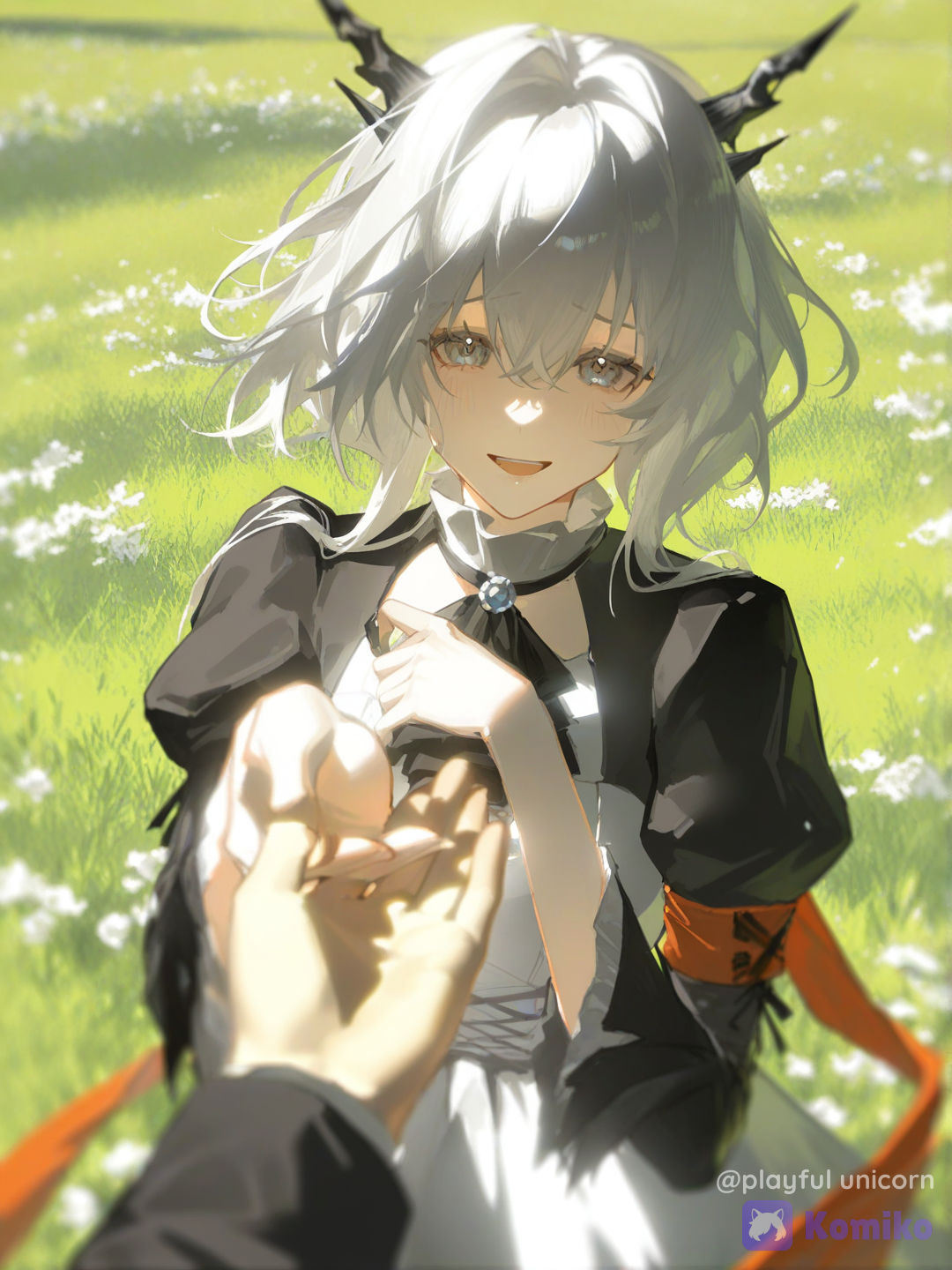 [aqua-dreamlight-style], @Talulah(Arknights), face focus, blush, smile, dress, two-tone dress, black dress, white dress, field, short hair, looking at viewer, holding viewer hand, laughing