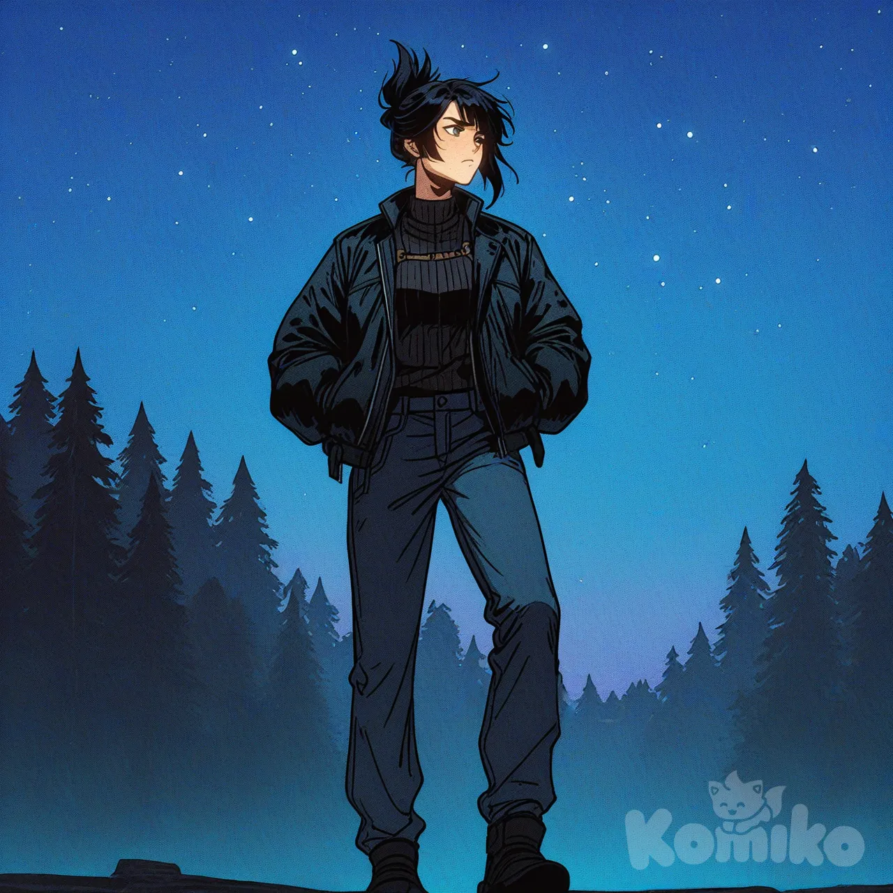 1girl, Genshin Impact, looking back, hands in pockets, depressed, frown, knitted vest, leather jacket, casual pants, down jacket, fingerless gloves, spiky hair, updo, short hair, black hair, full body, looking away, night, twilight, forest, snowy, starry sky, [action-manga-style]