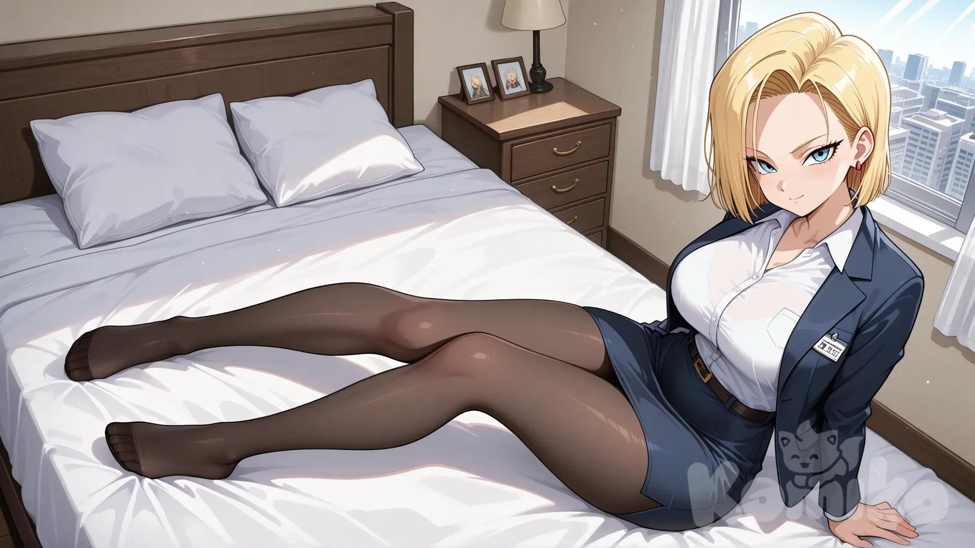 @Android_18 , #looking at viewer #full body#office lady suite#Sitting facing,from above ,day ,side profile photo , big boobs , Playing on the bed, funny , sunny day, relaxed, anime style , bedroom , sunny day, relaxed