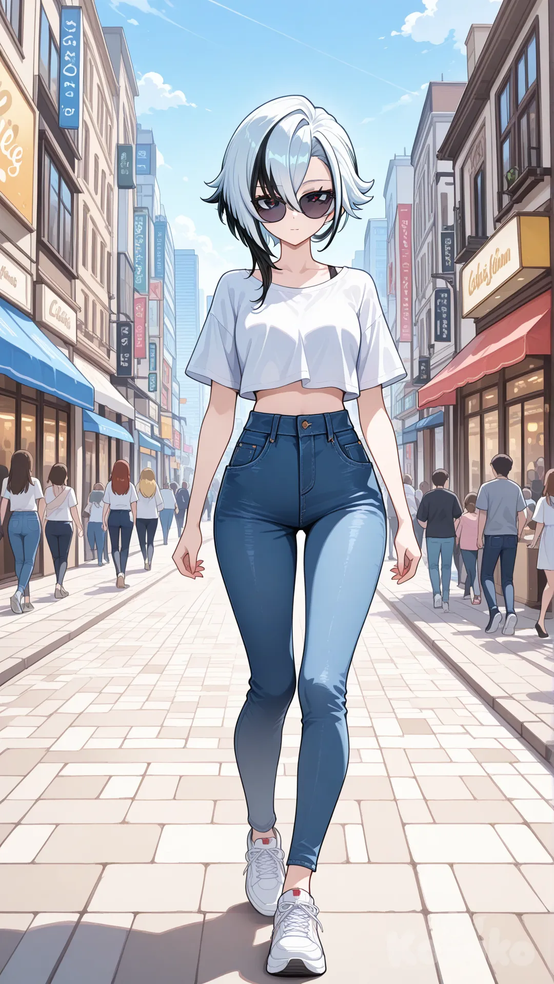@Arlecchino_(Genshin_Impact) cool big sister style

 #looking at viewer #up front view #upper body(Focus on the upper body, from the waist up.)

#cool post #funny

, A thin white crop top., jeans, running shoes, sun glasses

relax , Taking a stroll, walking on a sidewalk , on a sunnyday , in the shopping sreet in capital city.