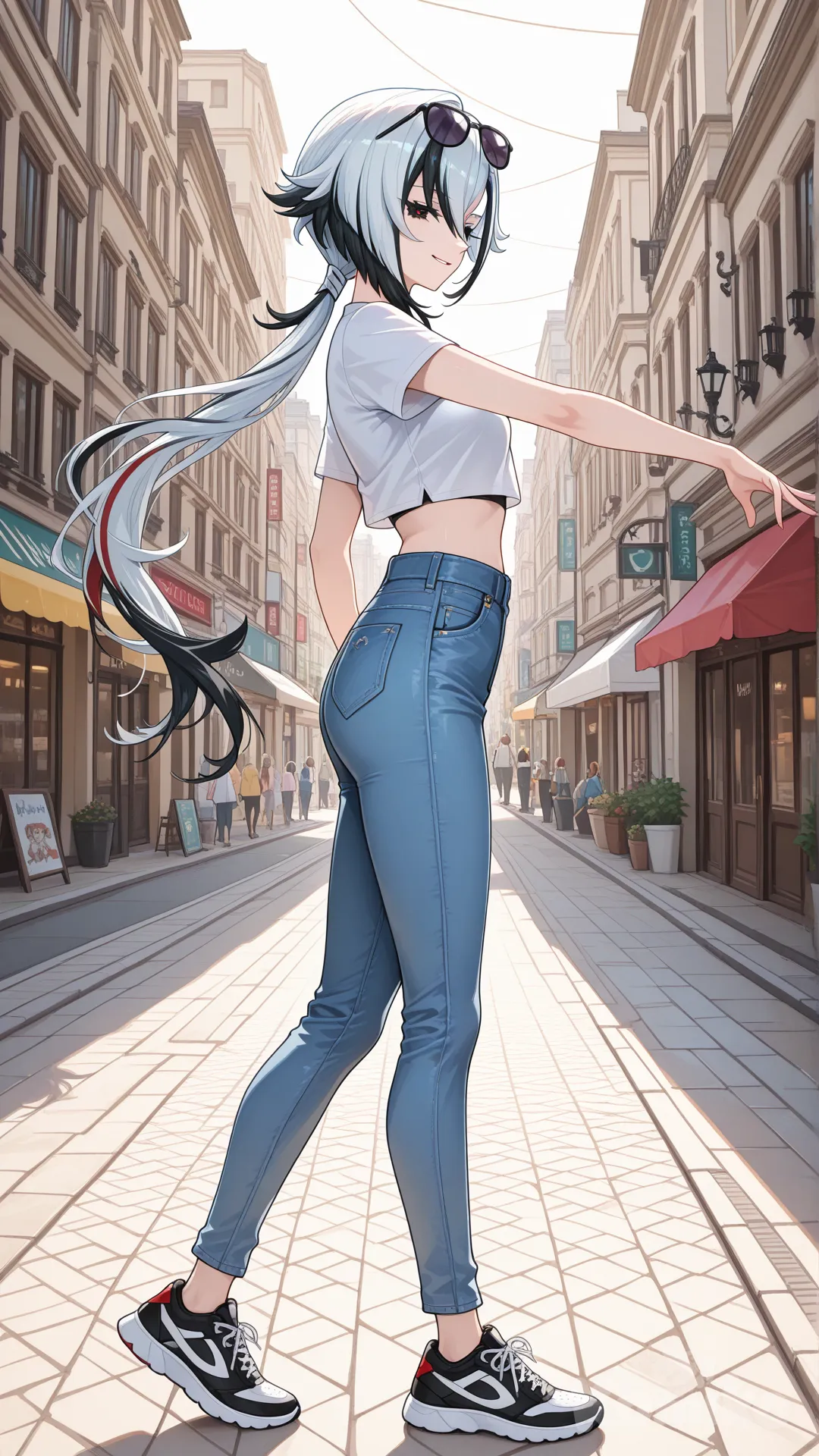 @Arlecchino_(Genshin_Impact) cool big sister style

 #looking at viewer #up side view #upper body(Focus on the upper body, from the waist up.)

#cool post #funny

, A thin white crop top., jeans, running shoes, sun glasses

relax , Taking a stroll, walking on a sidewalk , on a sunnyday , in the shopping sreet in capital city.
