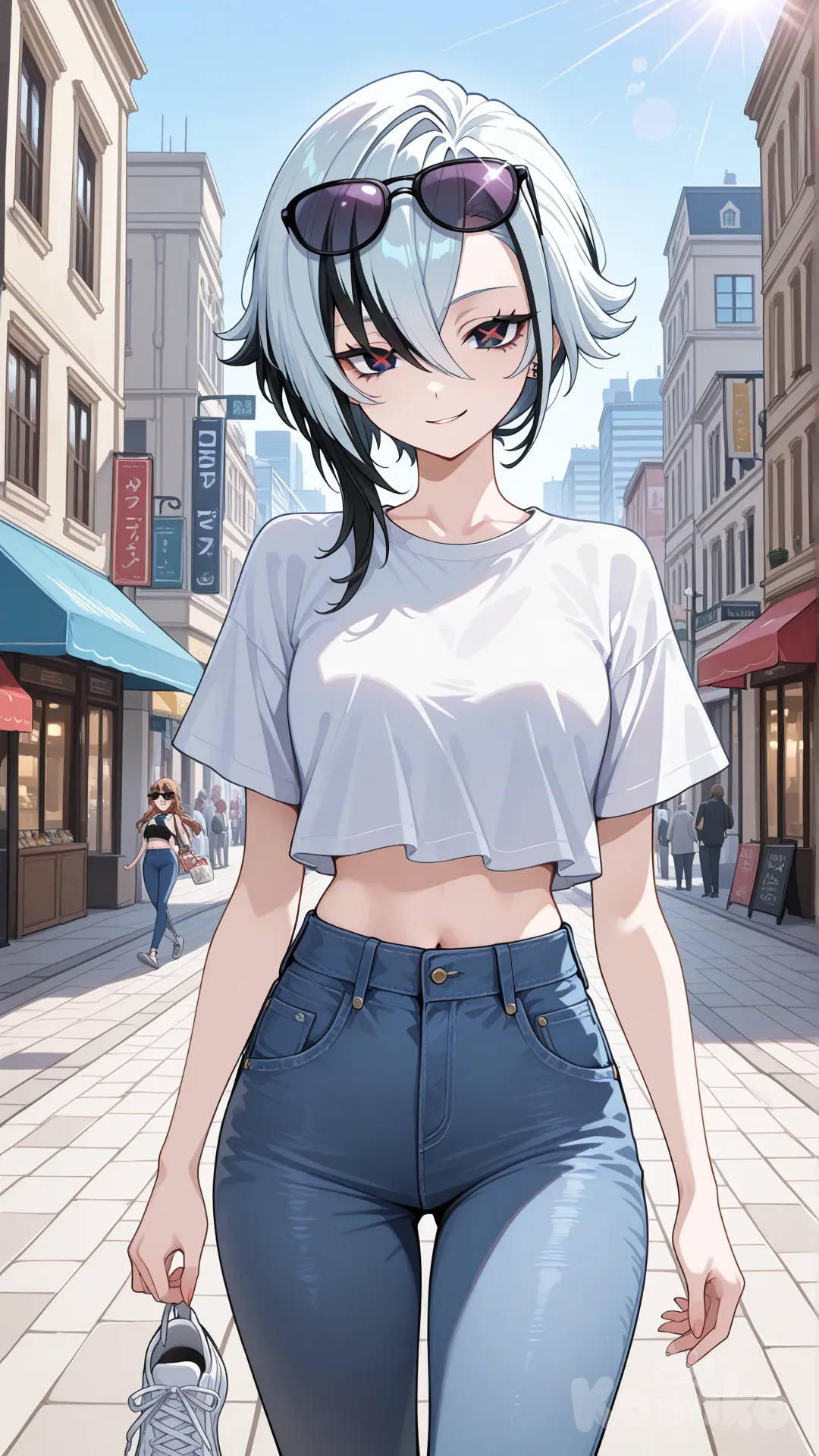 Arlecchino_(Genshin_Impact) cool big sister style

 #looking at viewer #up front view #upper body(Focus on the upper body, from the waist up.)

#cool post #funny

, A thin white crop top., jeans, running shoes, sun glasses

relax , Taking a stroll, walking on a sidewalk , on a sunnyday , in the shopping sreet in capital city.