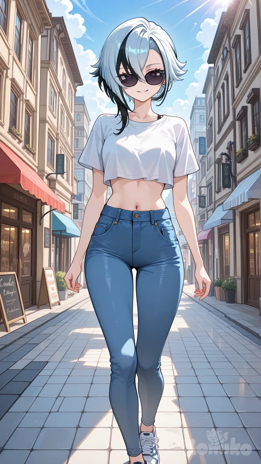 @Arlecchino_(Genshin_Impact) cool big sister style

 #looking at viewer #up front view #upper body(Focus on the upper body, from the waist up.)

#cool post #funny

, A thin white crop top., jeans, running shoes, sun glasses

relax , Taking a stroll, walking on a sidewalk , on a sunnyday , in the shopping sreet in capital city.