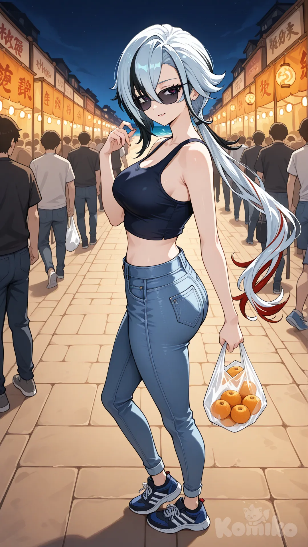 @Arlecchino_(Genshin_Impact) cool big sister style
#big sister style , Very good figure ,
#side view
# upper body (Focus on the upper body, from the waist up.)
#looking at viewer #full body#, up view , #full body ,from above , day , funny , relaxed, anime style ,
#cool post
,deep sea blue Thin Cropped tank top , jeans , deep sea blue running shoes , sun glasses
relax , Taking a stroll, walking on a sidewalk , on a midnight sunnyday , in the sreet in night market , It has a view of the sea and beach as a backdrop
She is now strolling through the night market, amidst the crowds, carrying a bag full of fruit in her hands.